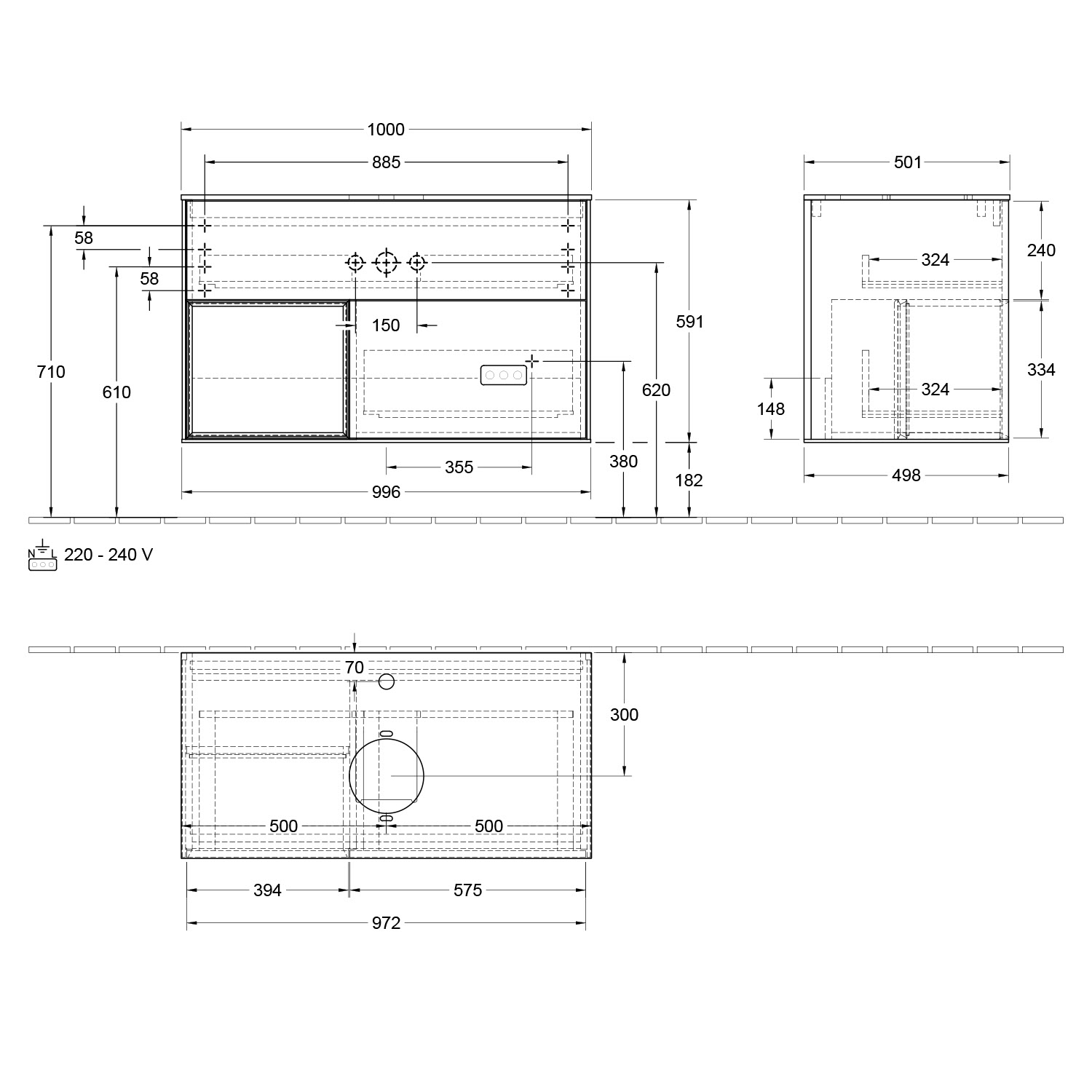 Villeroy & Boch Finion Waschtischunterschrank 100 cm mit Regalelement links, Abdeckplatte, Wandbeleuchtung