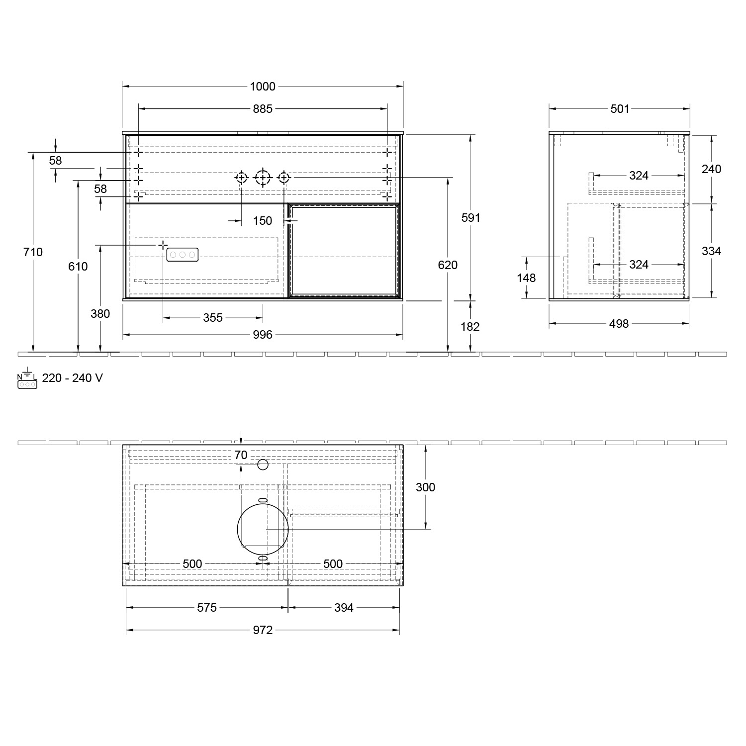 Villeroy & Boch Finion Waschtischunterschrank 100 cm mit Regalelement rechts, Abdeckplatte, Wandbeleuchtung