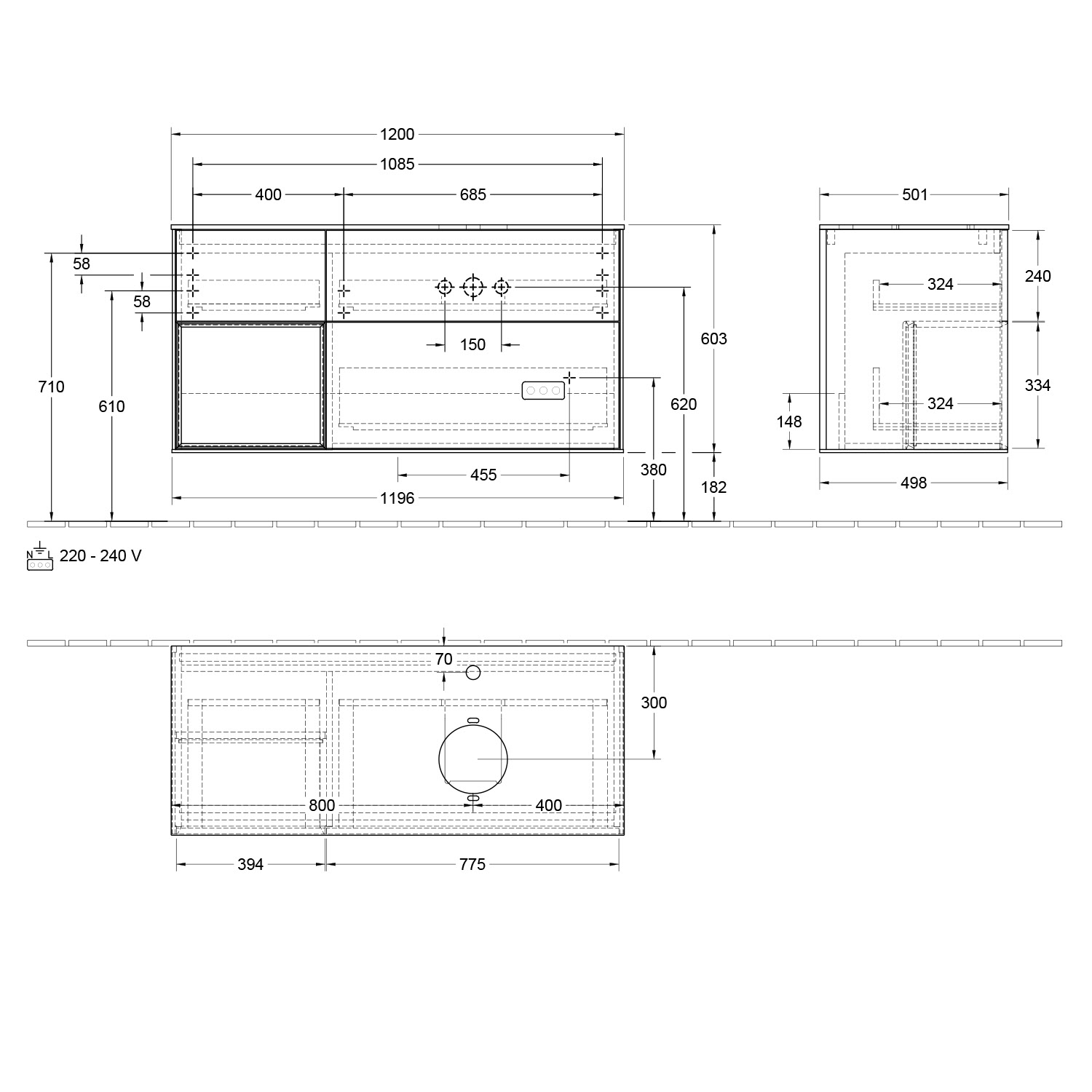 Villeroy & Boch Finion Waschtischunterschrank 120 cm mit Regalelement links, Abdeckplatte, Wandbeleuchtung