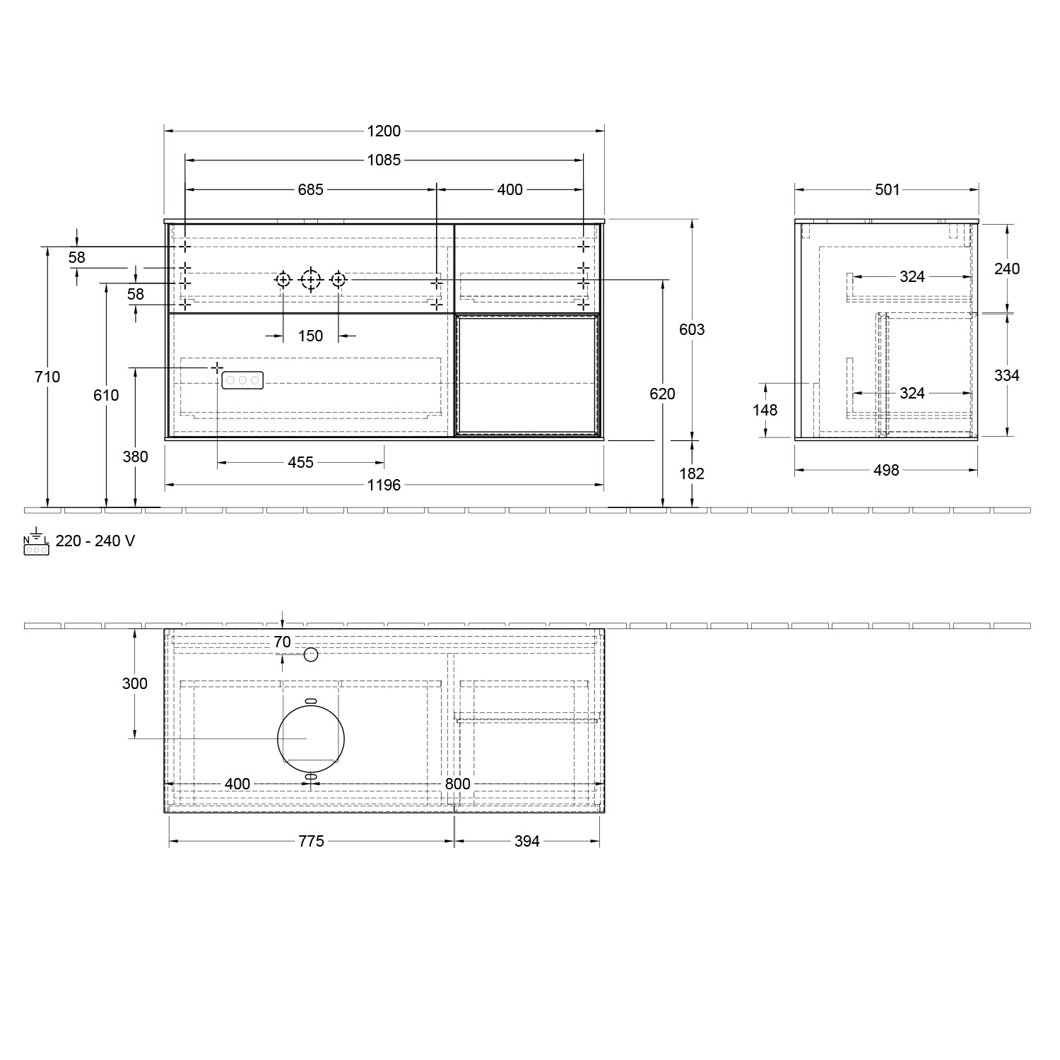 Villeroy & Boch Finion Waschtischunterschrank 120 cm mit Regalelement rechts, Abdeckplatte, Wandbeleuchtung