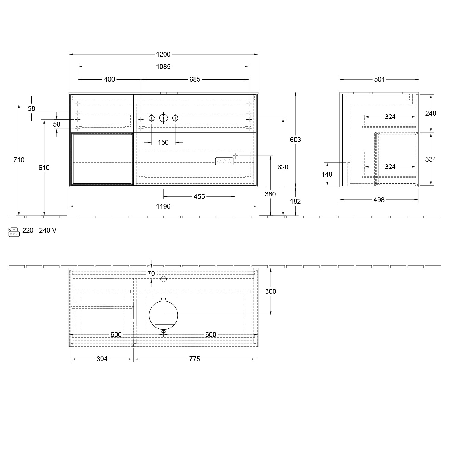 Villeroy & Boch Finion Waschtischunterschrank 120 cm mit Regalelement links, Abdeckplatte, Wandbeleuchtung