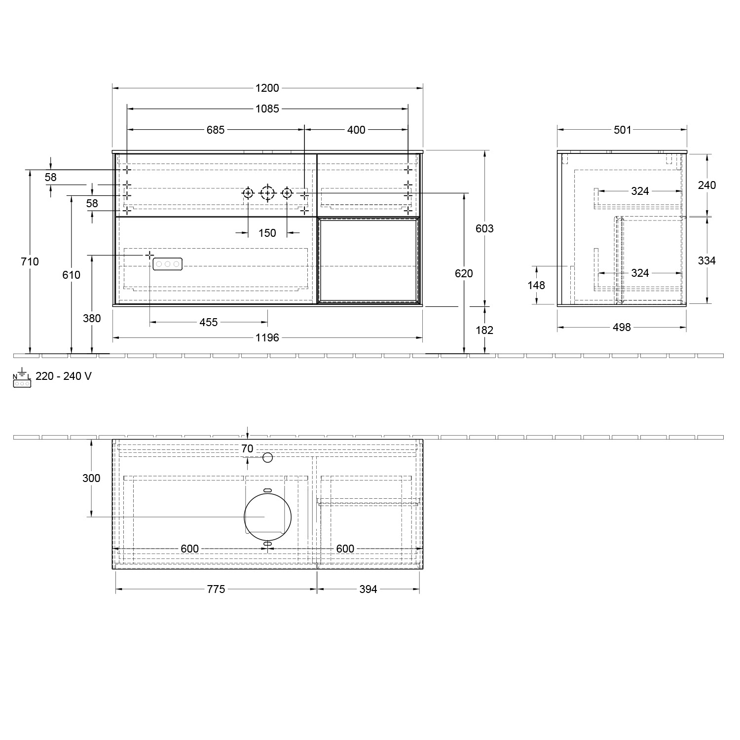 Villeroy & Boch Finion Waschtischunterschrank 120 cm mit Regalelement rechts, Abdeckplatte, Wandbeleuchtung