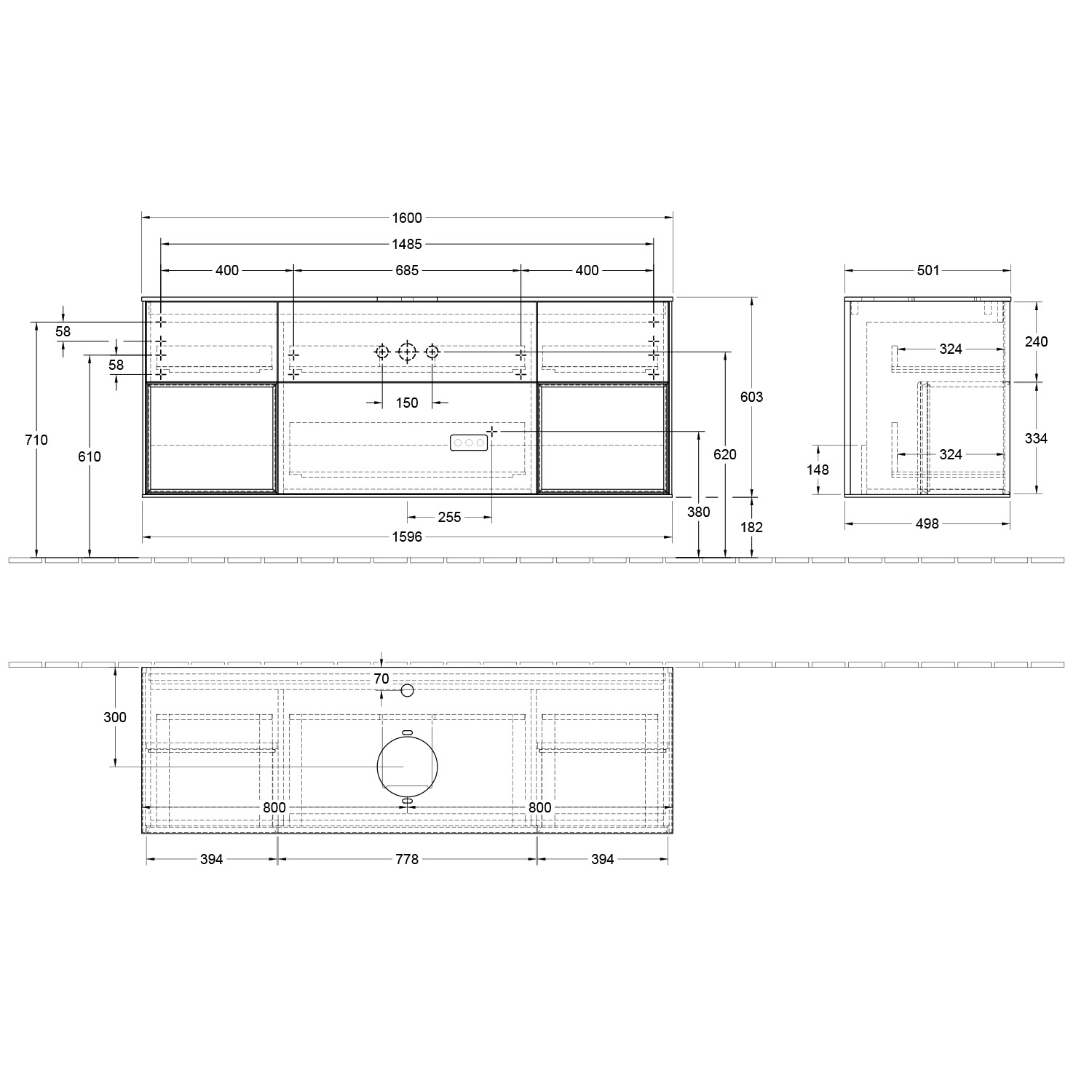 Villeroy & Boch Finion Waschtischunterschrank 160 cm mit 2 Regalelementen, Abdeckplatte, Wandbeleuchtung