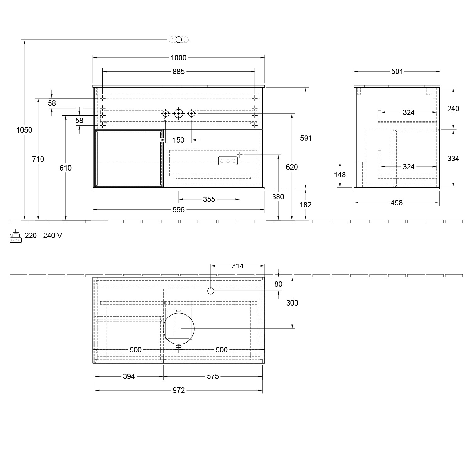 Villeroy & Boch Finion Waschtischunterschrank 100 cm mit Regalelement links, Abdeckplatte, Wandbeleuchtung