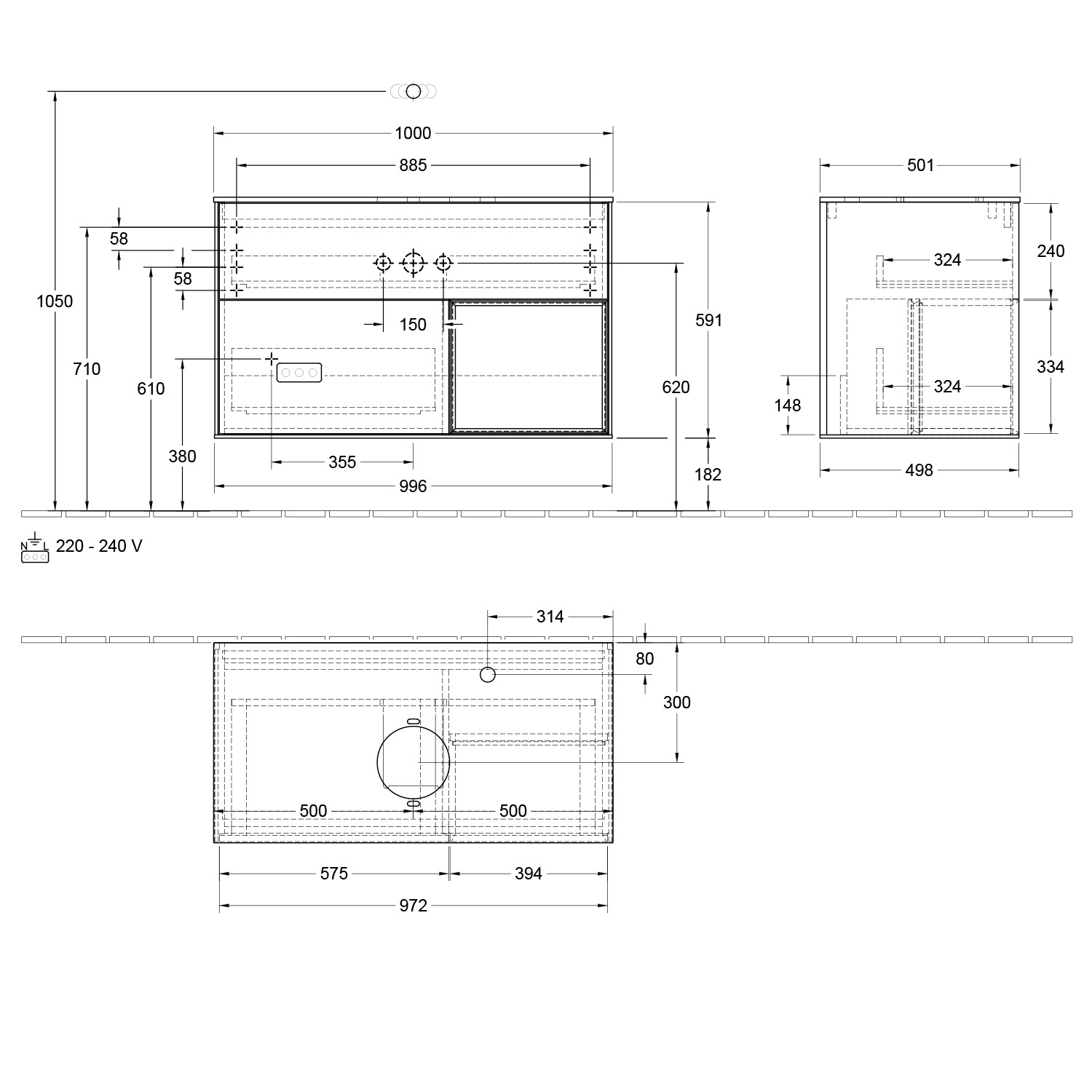 Villeroy & Boch Finion Waschtischunterschrank 100 cm mit Regalelement rechts, Abdeckplatte, Wandbeleuchtung
