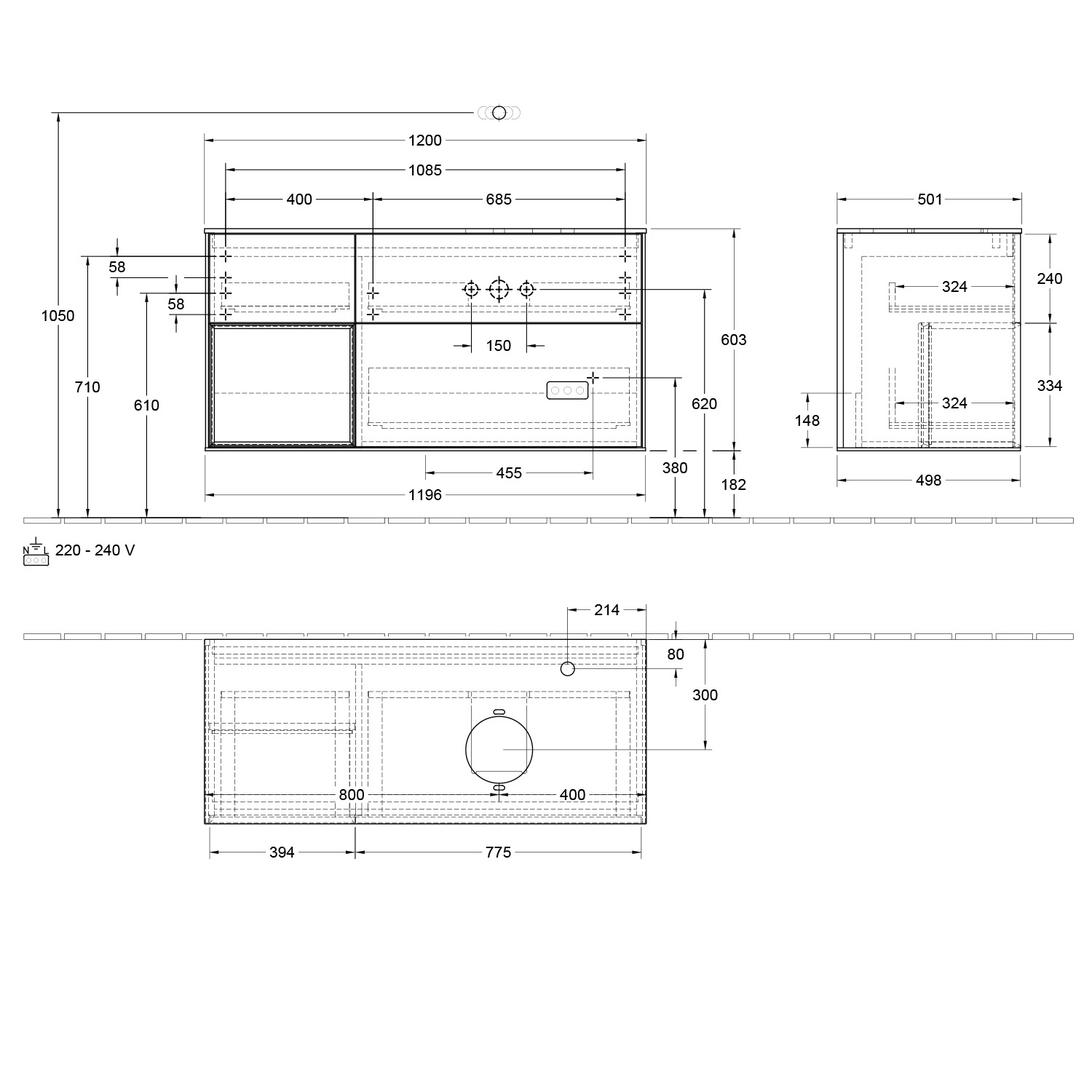Villeroy & Boch Finion Waschtischunterschrank 120 cm mit Regalelement links, Abdeckplatte, Wandbeleuchtung