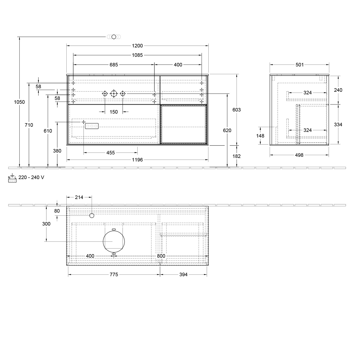 Villeroy & Boch Finion Waschtischunterschrank 120 cm mit Regalelement rechts, Abdeckplatte, Wandbeleuchtung