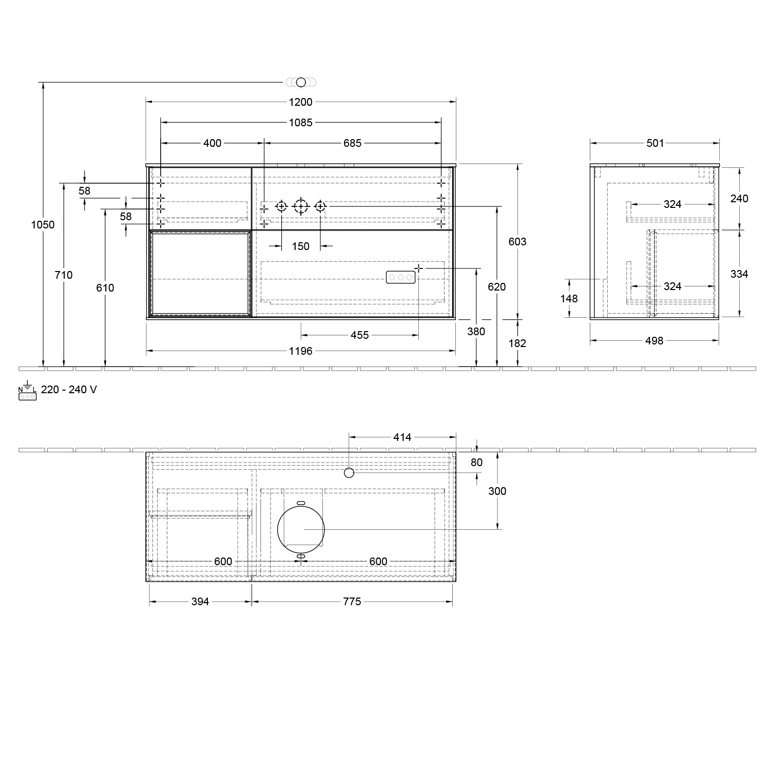 Villeroy & Boch Finion Waschtischunterschrank 120 cm mit Regalelement links, Abdeckplatte, Wandbeleuchtung