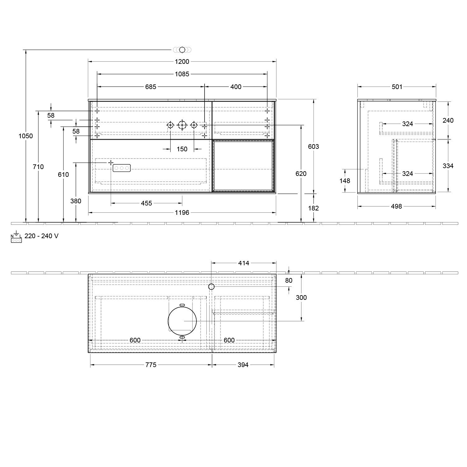 Villeroy & Boch Finion Waschtischunterschrank 120 cm mit Regalelement rechts, Abdeckplatte, Wandbeleuchtung