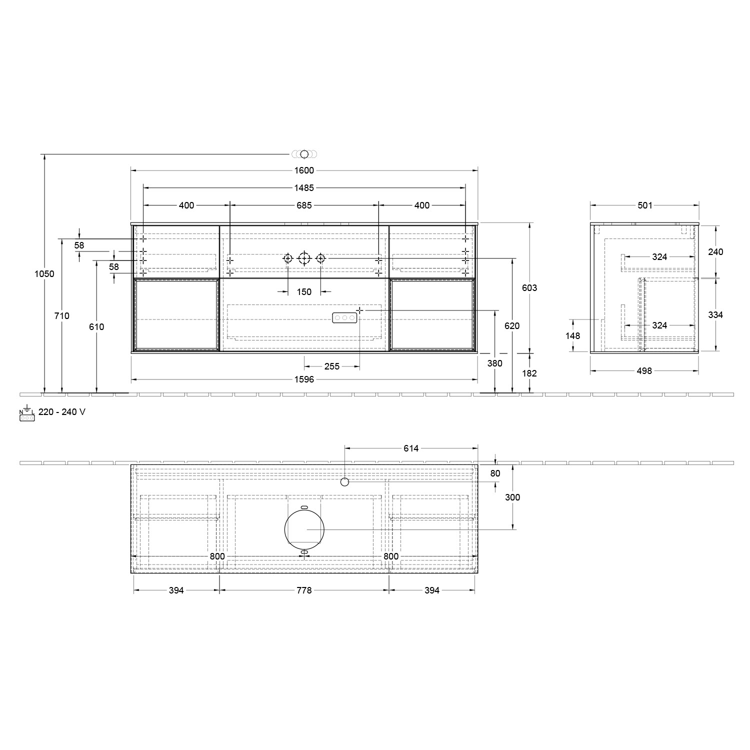 Villeroy & Boch Finion Waschtischunterschrank 160 cm mit 2 Regalelementen, Abdeckplatte, Wandbeleuchtung