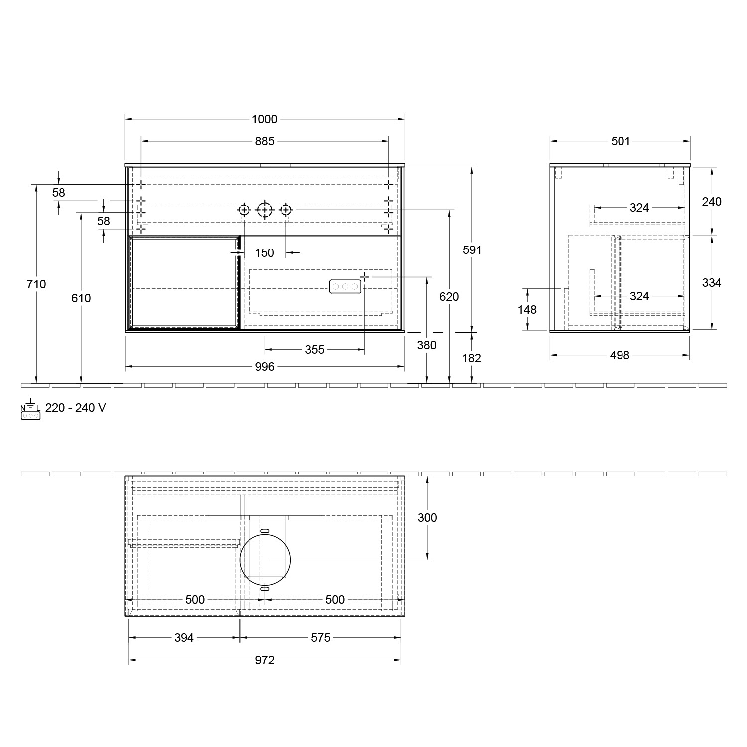 Villeroy & Boch Finion Waschtischunterschrank 100 cm mit Regalelement links, Abdeckplatte, Wandbeleuchtung