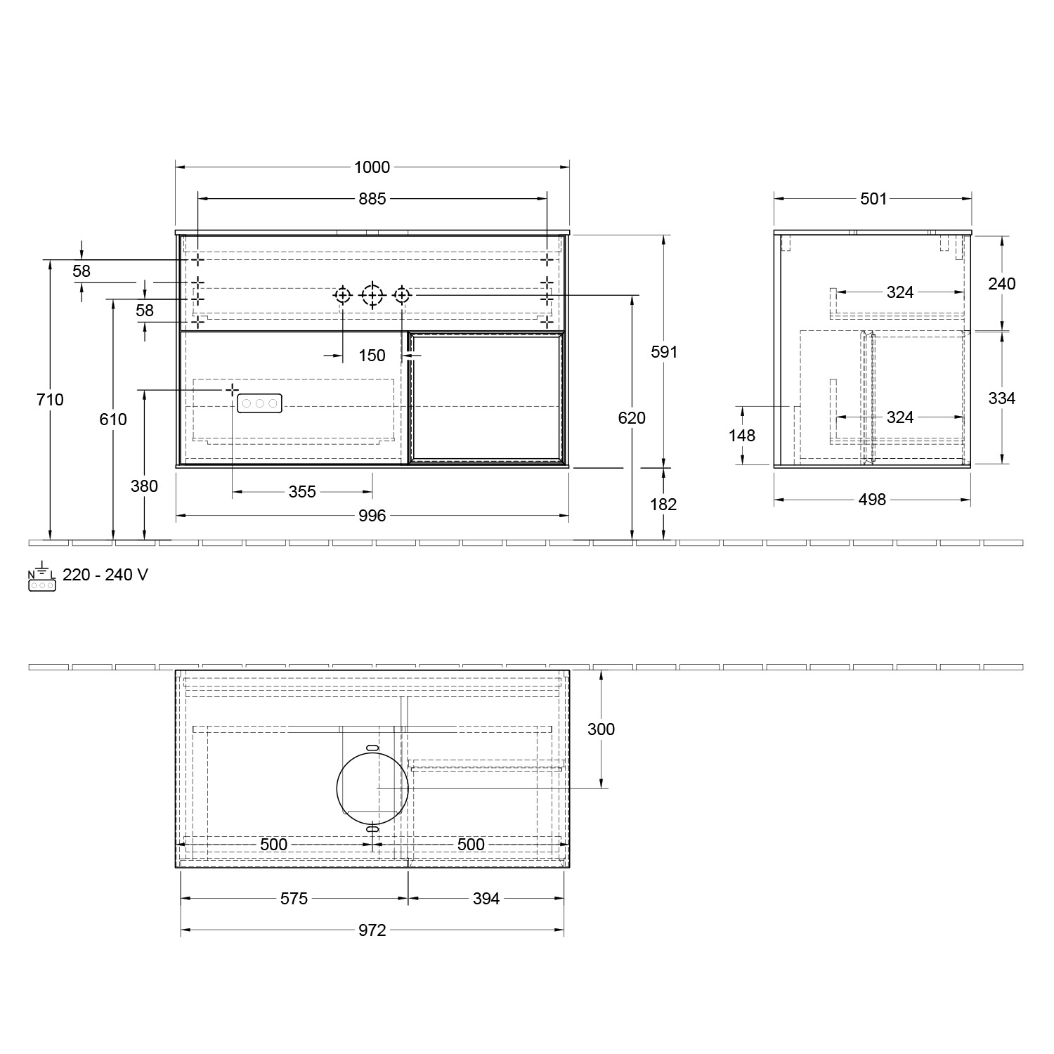 Villeroy & Boch Finion Waschtischunterschrank 100 cm mit Regalelement rechts, Abdeckplatte, Wandbeleuchtung