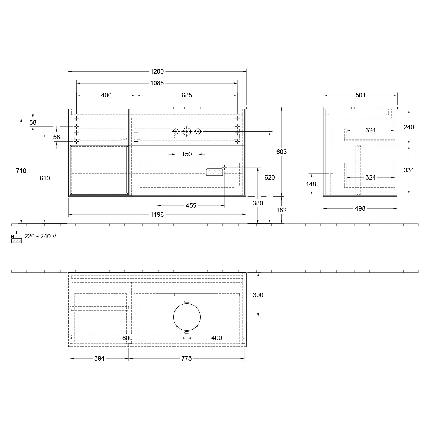 Villeroy & Boch Finion Waschtischunterschrank 120 cm mit Regalelement links, Abdeckplatte, Wandbeleuchtung