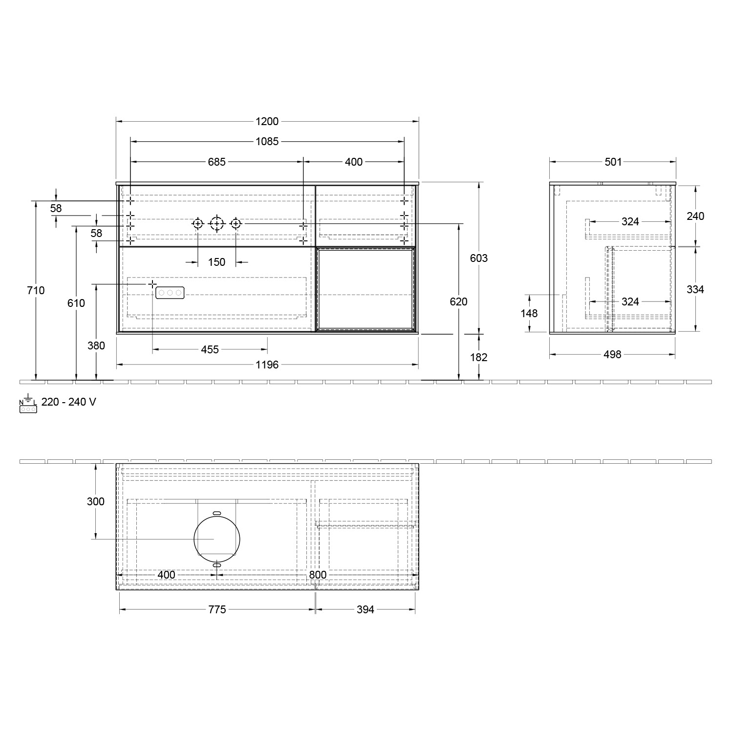 Villeroy & Boch Finion Waschtischunterschrank 120 cm mit Regalelement rechts, Abdeckplatte, Wandbeleuchtung