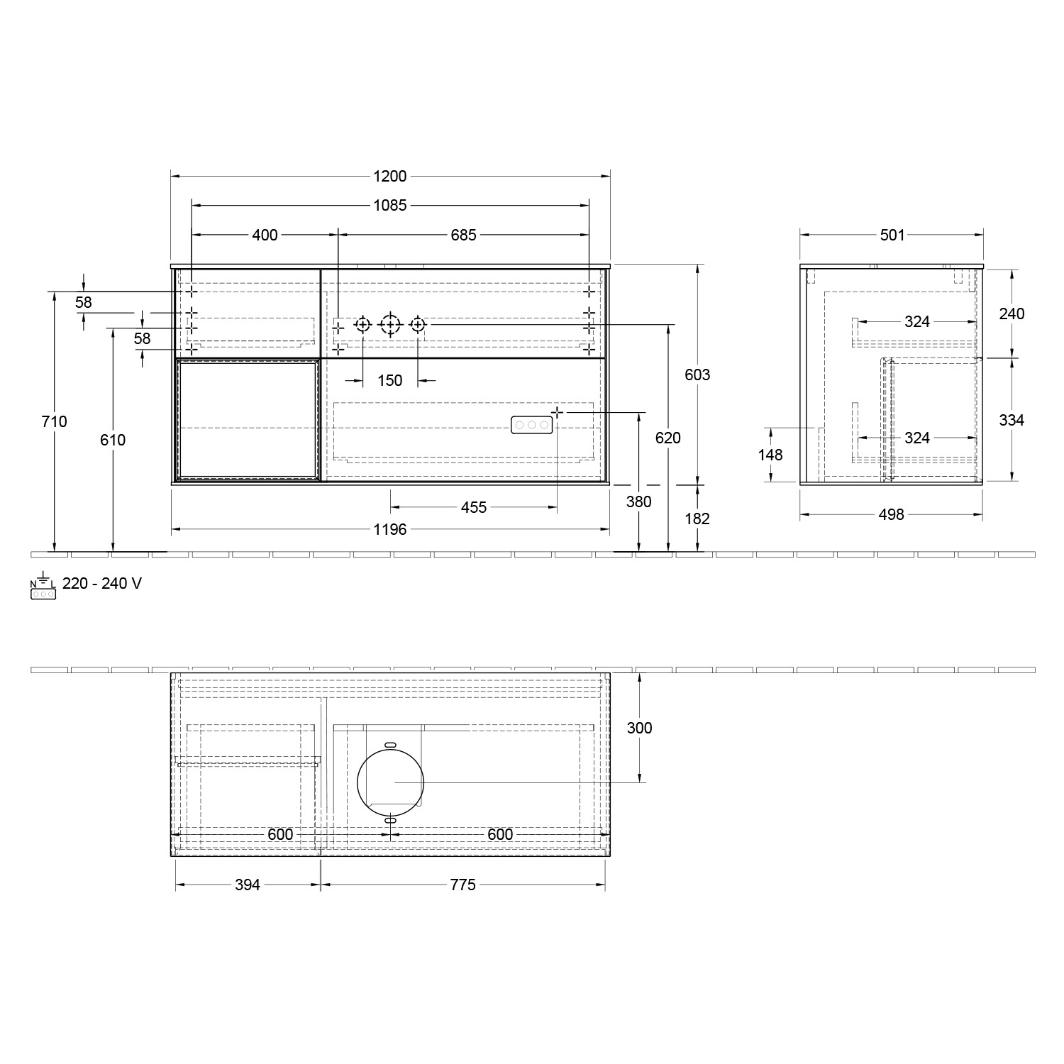 Villeroy & Boch Finion Waschtischunterschrank 120 cm mit Regalelement links, Abdeckplatte, Wandbeleuchtung