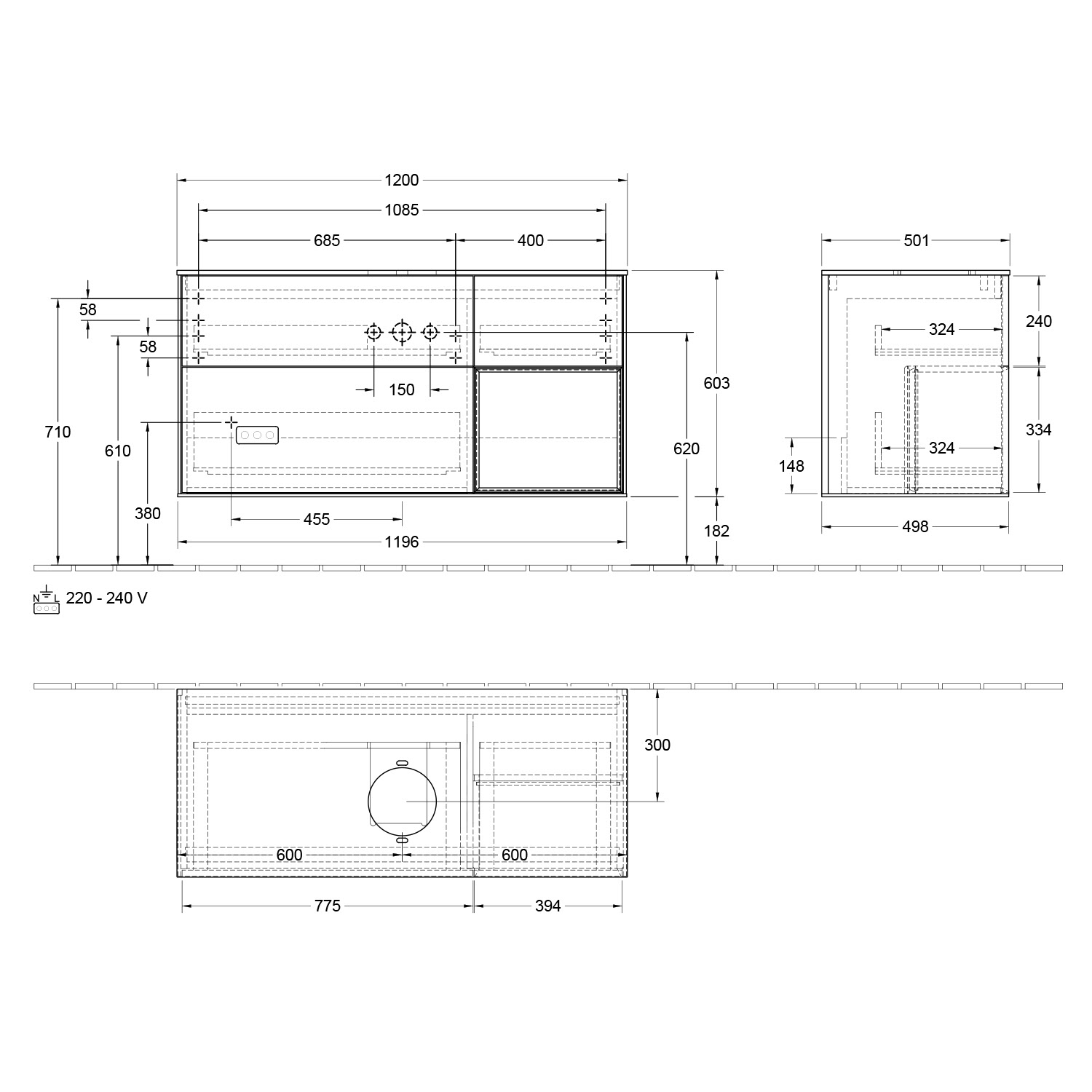Villeroy & Boch Finion Waschtischunterschrank 120 cm mit Regalelement rechts, Abdeckplatte, Wandbeleuchtung