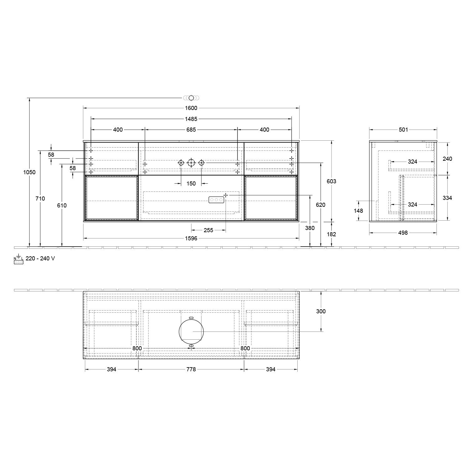 Villeroy & Boch Finion Waschtischunterschrank 160 cm mit 2 Regalelementen, Abdeckplatte, Wandbeleuchtung