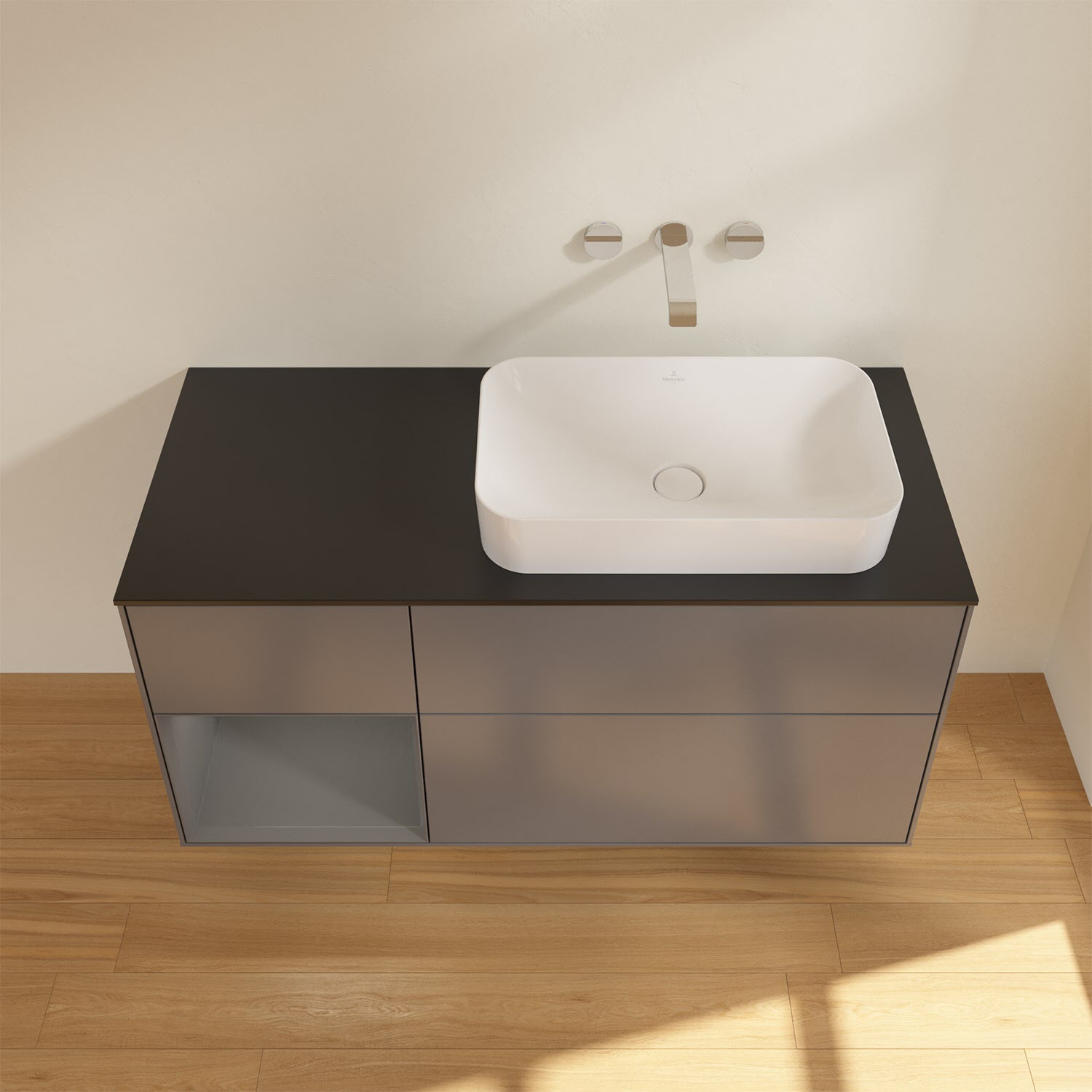 Villeroy & Boch Finion Waschtischunterschrank 120 cm mit Regalelement links und Abdeckplatte