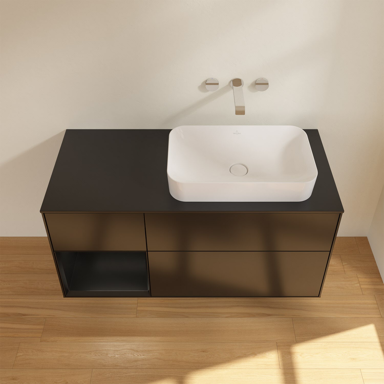 Villeroy & Boch Finion Waschtischunterschrank 120 cm mit Regalelement links und Abdeckplatte