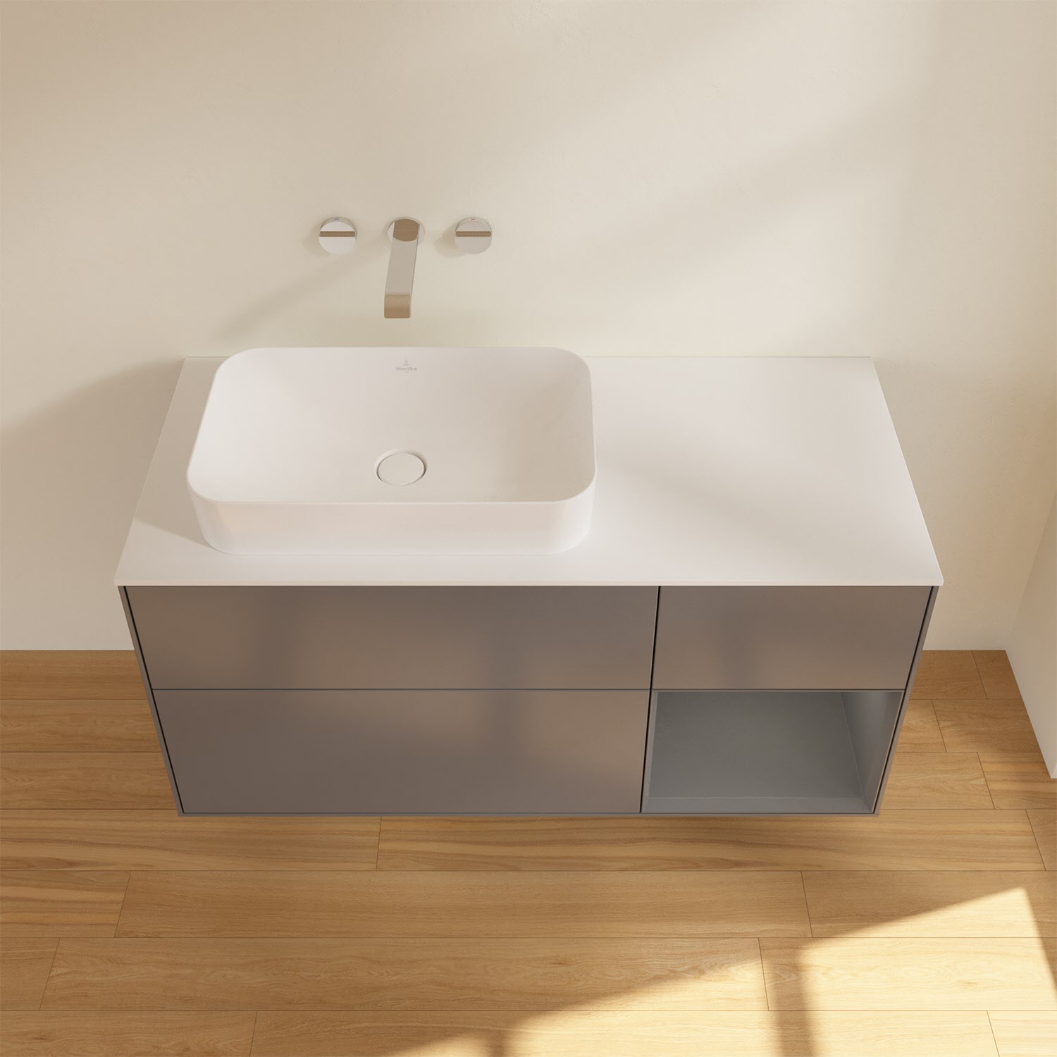 Villeroy & Boch Finion Waschtischunterschrank 120 cm mit Regalelement rechts und Abdeckplatte
