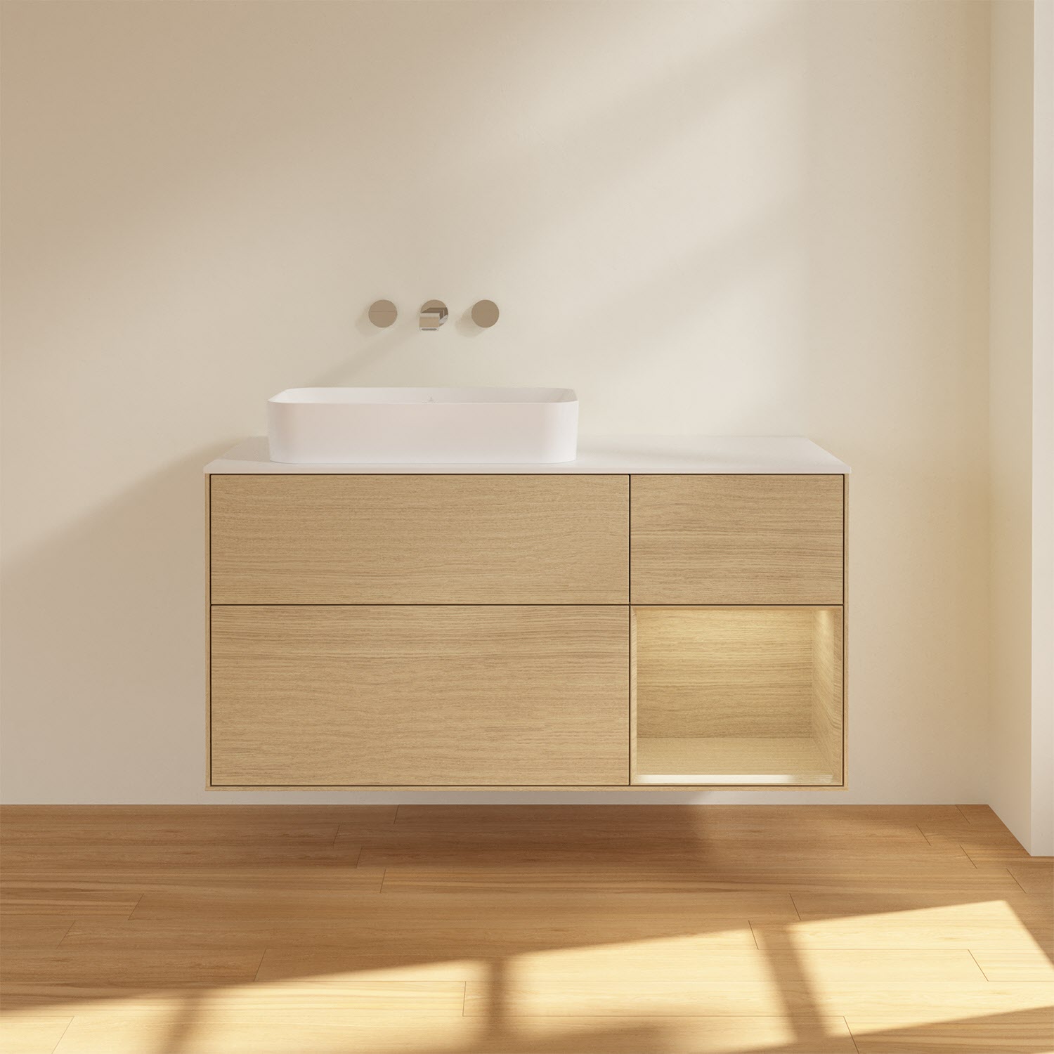 Villeroy & Boch Finion Waschtischunterschrank 120 cm mit Regalelement rechts und Abdeckplatte