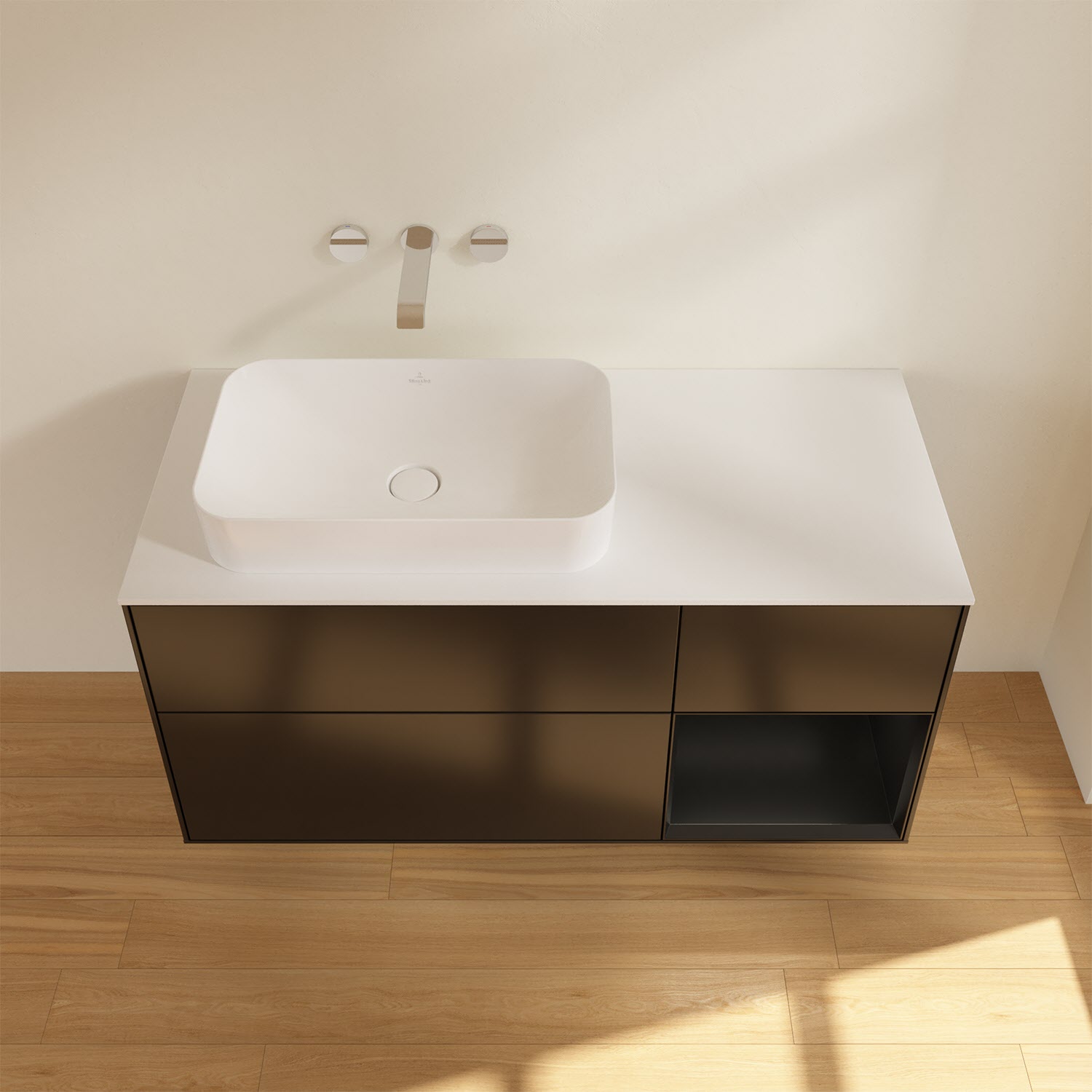 Villeroy & Boch Finion Waschtischunterschrank 120 cm mit Regalelement rechts und Abdeckplatte