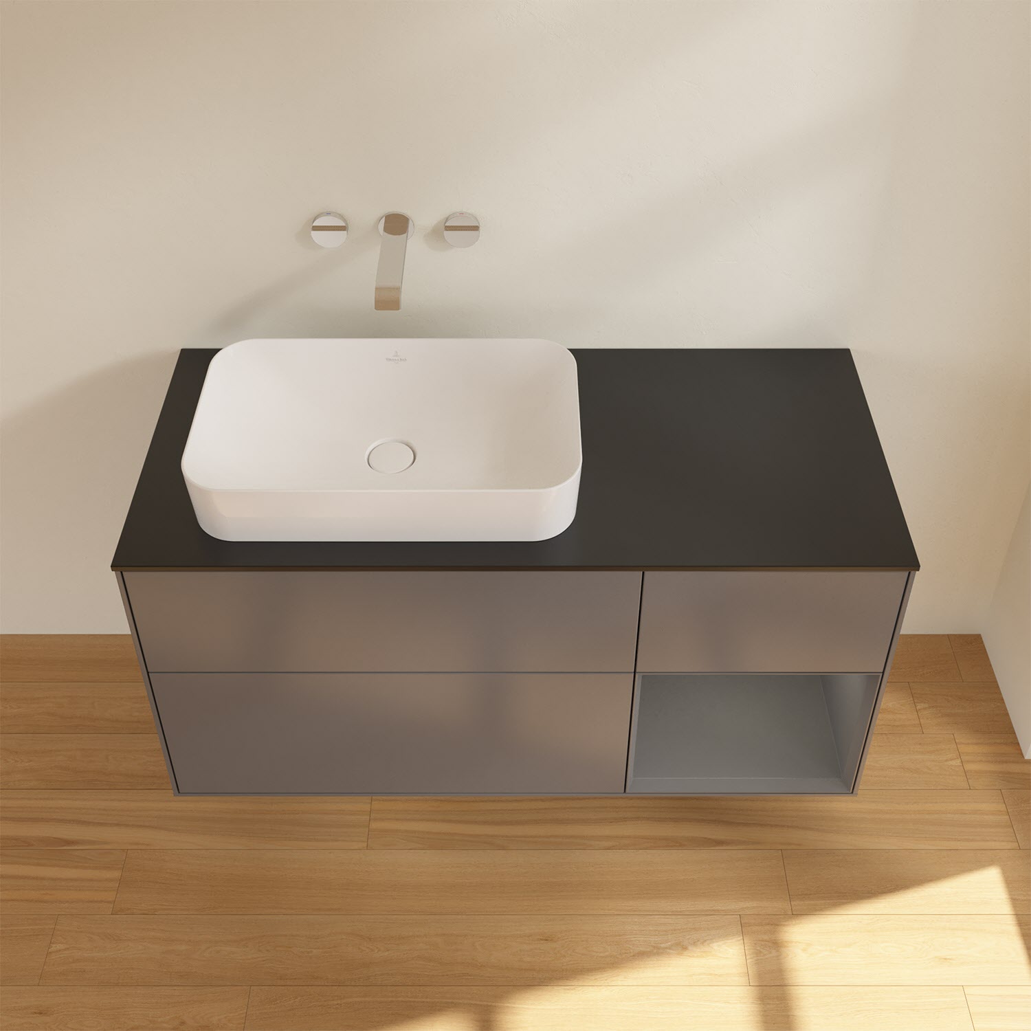 Villeroy & Boch Finion Waschtischunterschrank 120 cm mit Regalelement rechts und Abdeckplatte