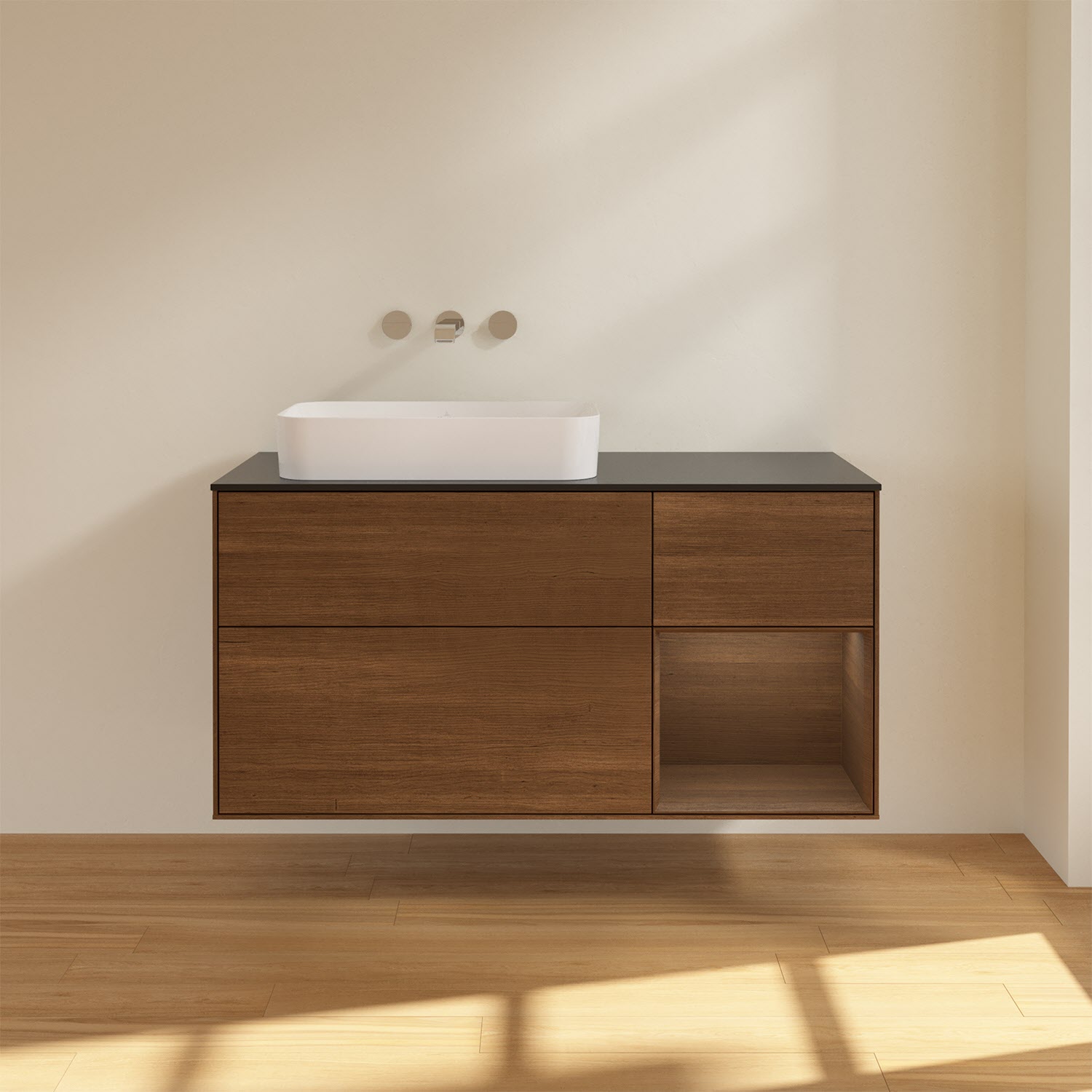 Villeroy & Boch Finion Waschtischunterschrank 120 cm mit Regalelement rechts und Abdeckplatte