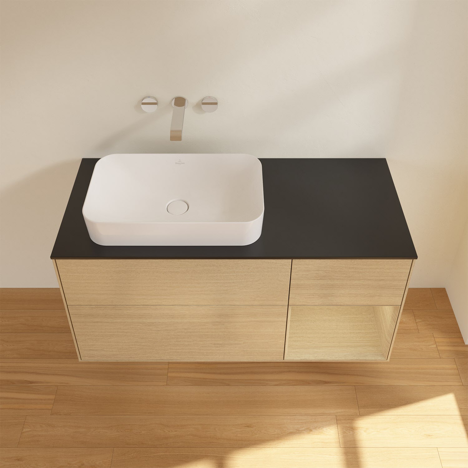 Villeroy & Boch Finion Waschtischunterschrank 120 cm mit Regalelement rechts und Abdeckplatte