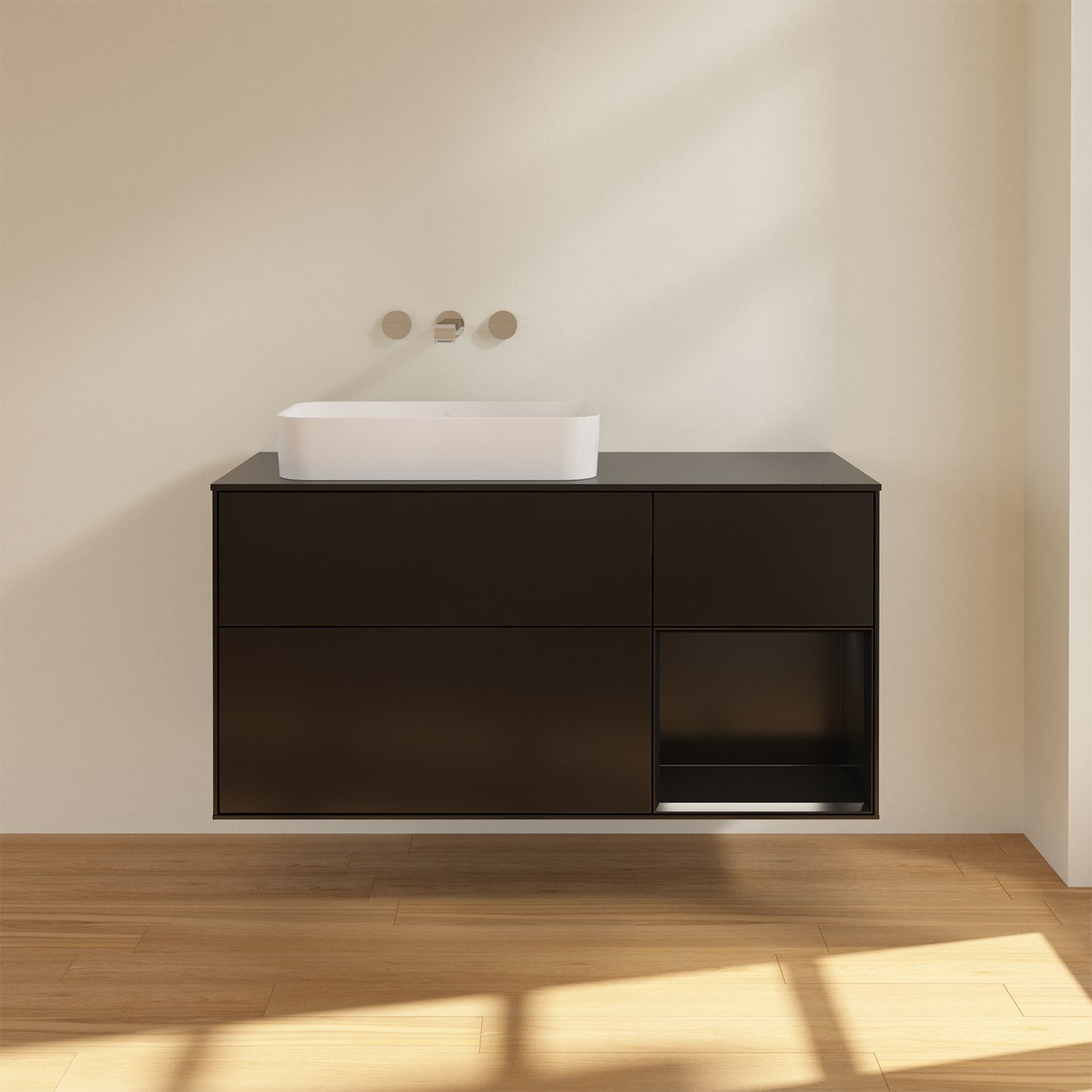 Villeroy & Boch Finion Waschtischunterschrank 120 cm mit Regalelement rechts und Abdeckplatte