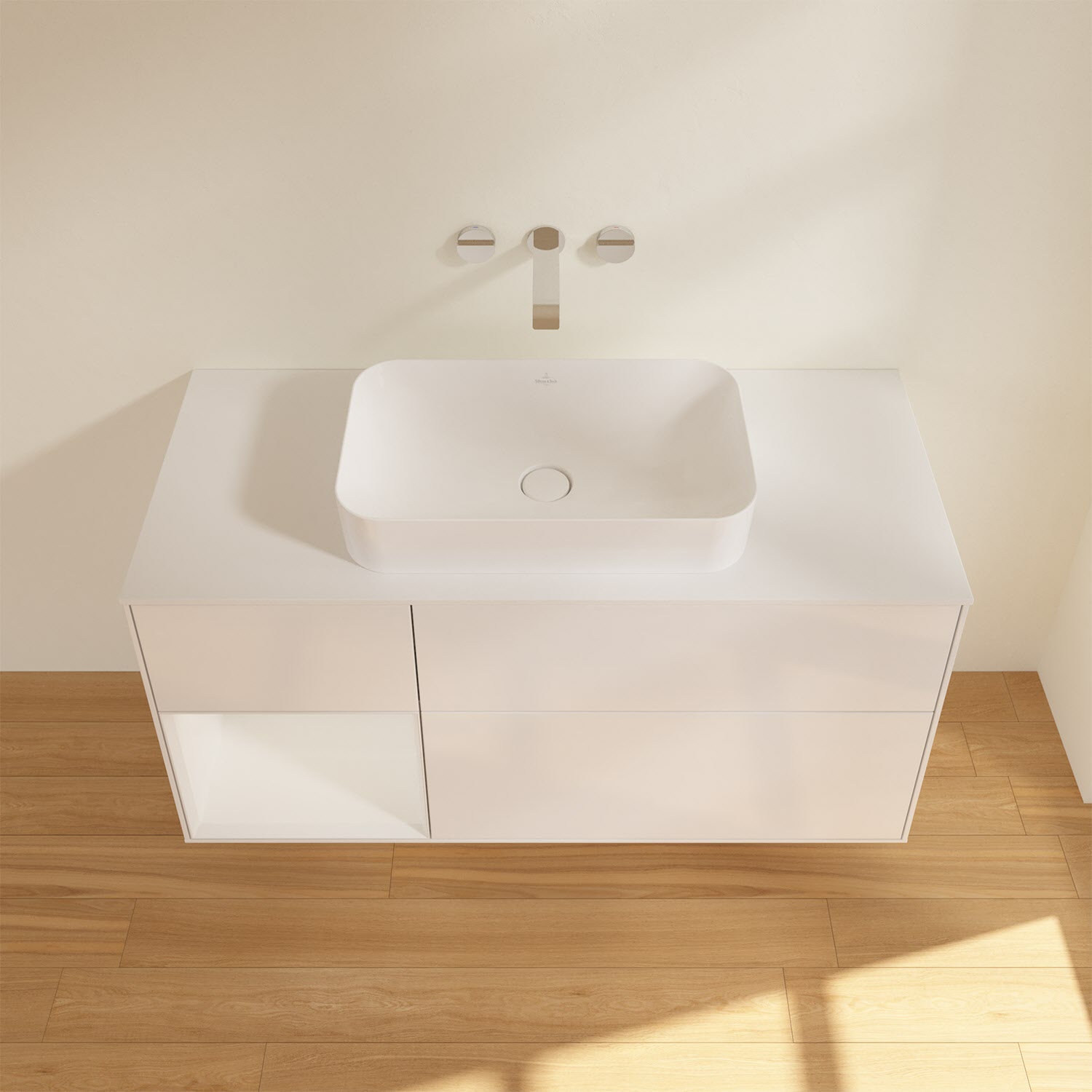 Villeroy & Boch Finion Waschtischunterschrank 120 cm mit Regalelement links und Abdeckplatte