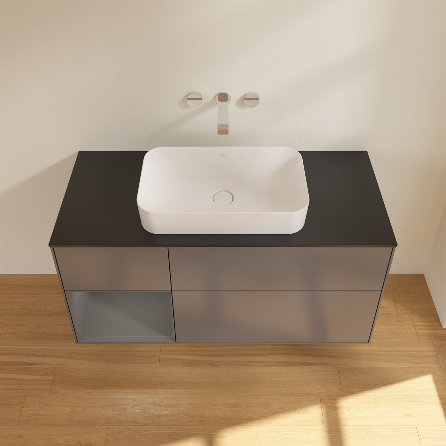 Villeroy & Boch Finion Waschtischunterschrank 120 cm mit Regalelement links und Abdeckplatte