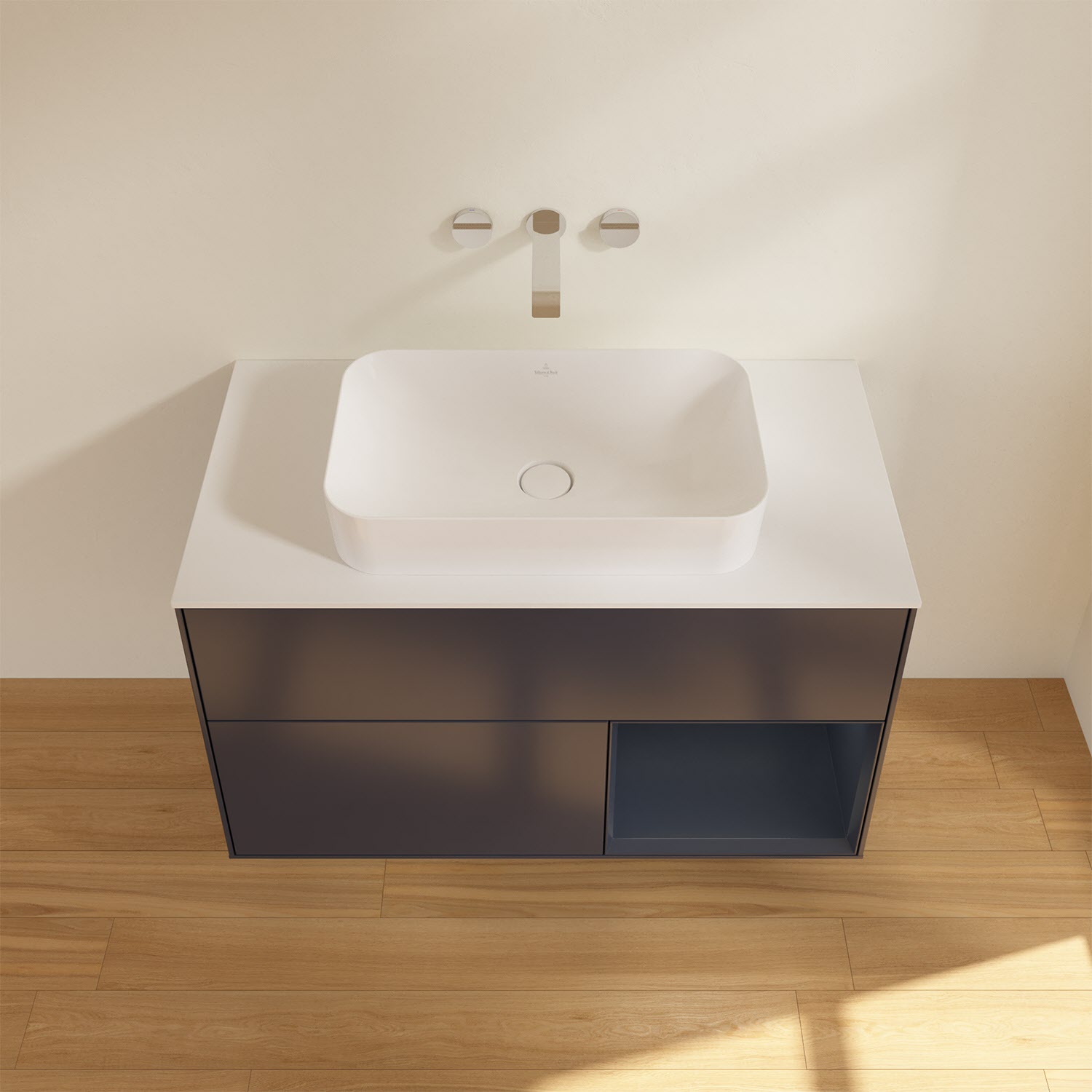 Villeroy & Boch Finion Waschtischunterschrank 100 cm mit Regalelement rechts und Abdeckplatte, mit Wandbeleuchtung