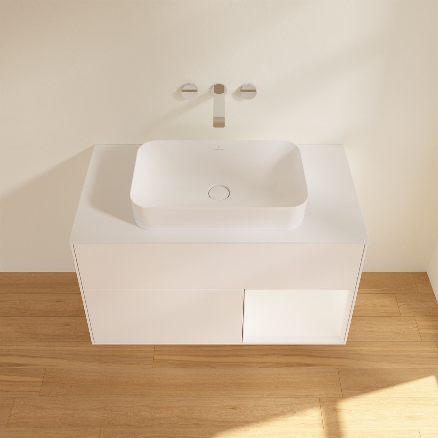 Villeroy & Boch Finion Waschtischunterschrank 100 cm mit Regalelement rechts und Abdeckplatte, mit Wandbeleuchtung