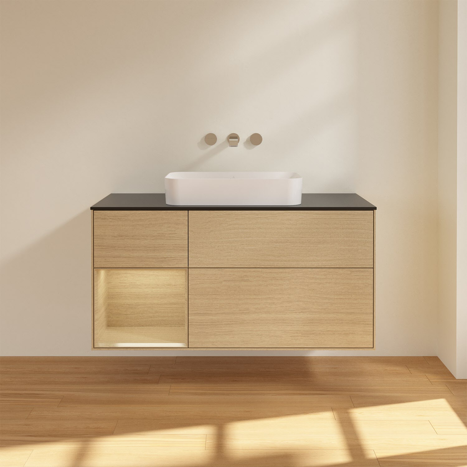 Villeroy & Boch Finion Waschtischunterschrank 120 cm mit Regalelement links und Abdeckplatte