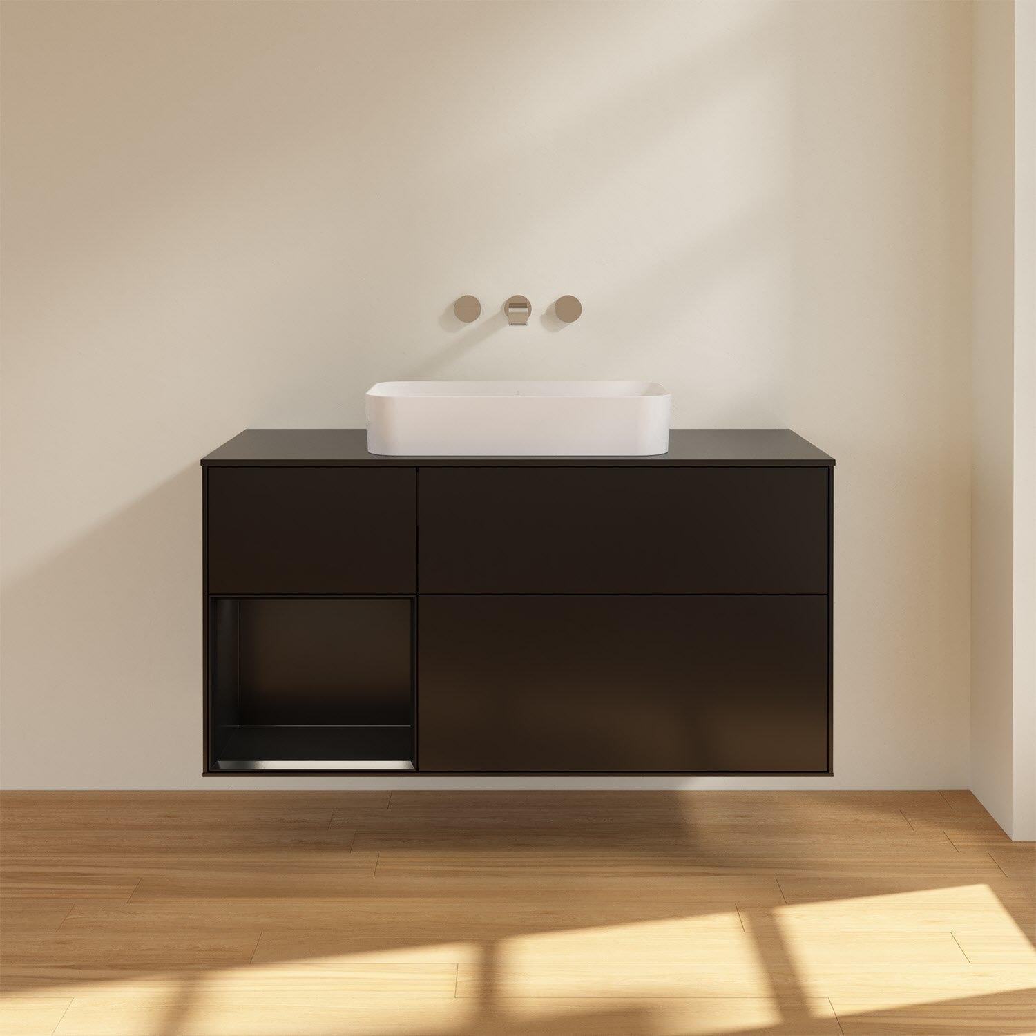 Villeroy & Boch Finion Waschtischunterschrank 120 cm mit Regalelement links und Abdeckplatte