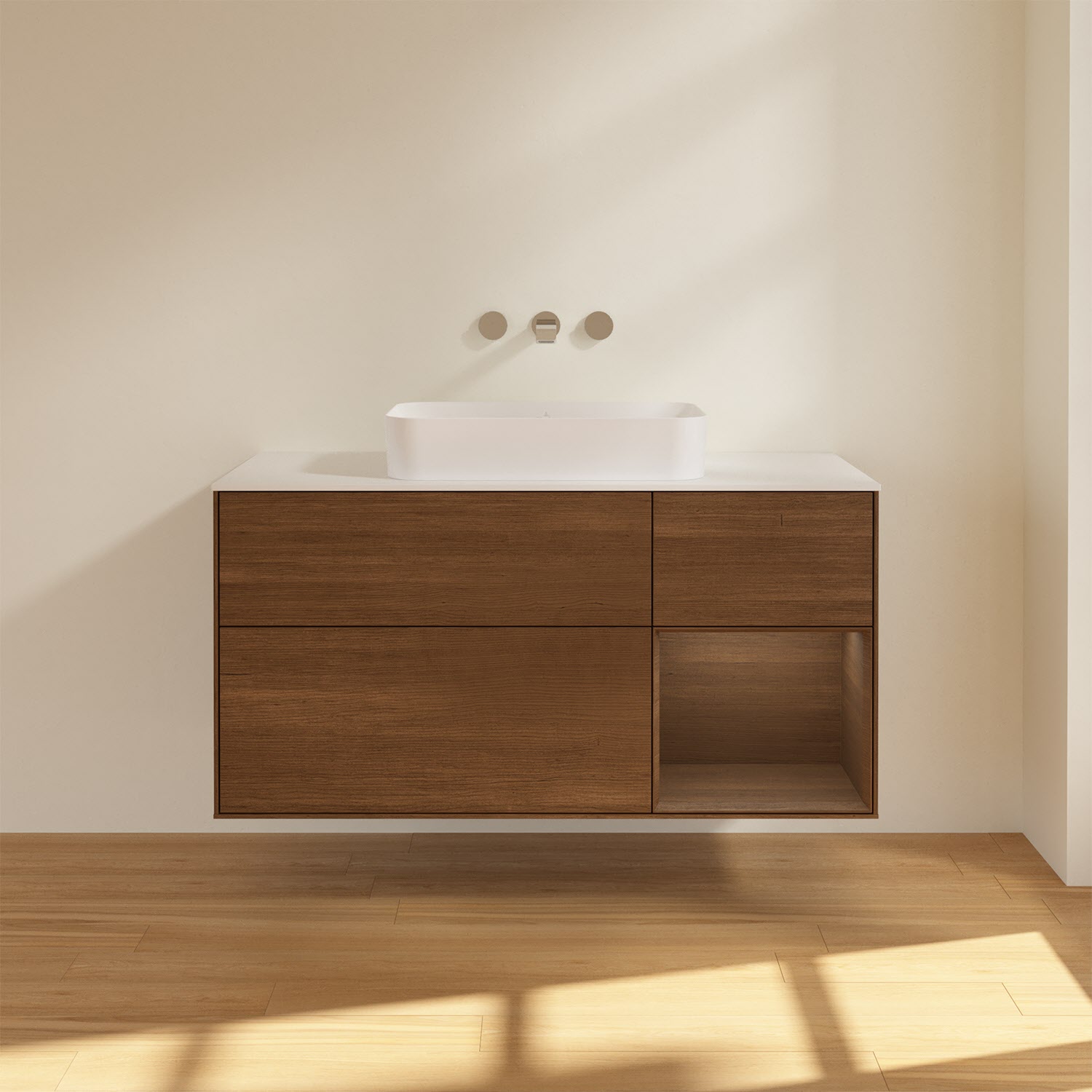 Villeroy & Boch Finion Waschtischunterschrank 120 cm mit Regalelement rechts und Abdeckplatte