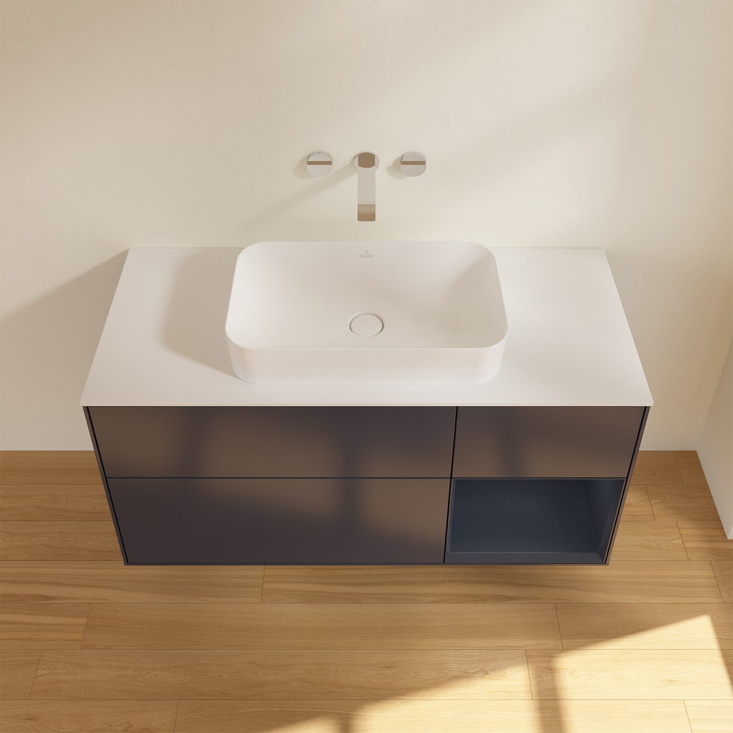 Villeroy & Boch Finion Waschtischunterschrank 120 cm mit Regalelement rechts und Abdeckplatte