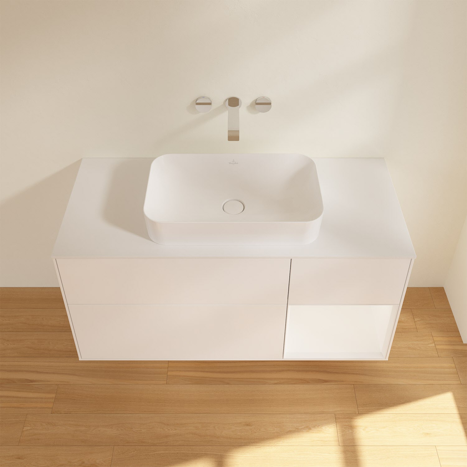 Villeroy & Boch Finion Waschtischunterschrank 120 cm mit Regalelement rechts und Abdeckplatte