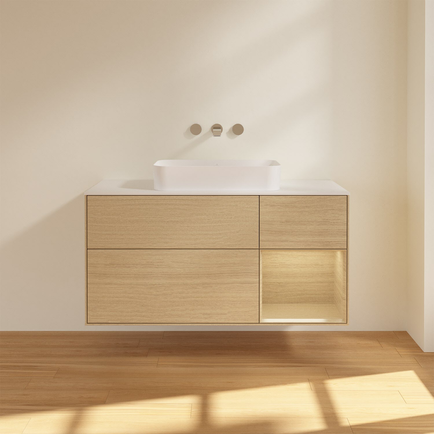 Villeroy & Boch Finion Waschtischunterschrank 120 cm mit Regalelement rechts und Abdeckplatte