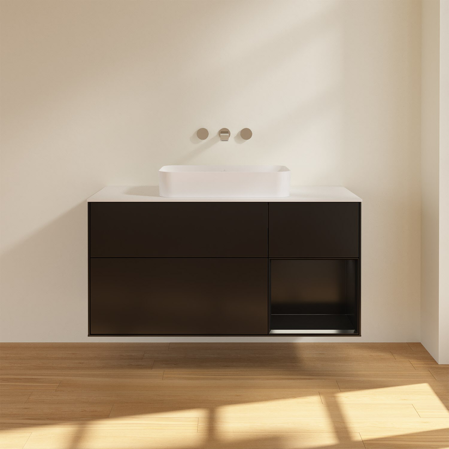 Villeroy & Boch Finion Waschtischunterschrank 120 cm mit Regalelement rechts und Abdeckplatte