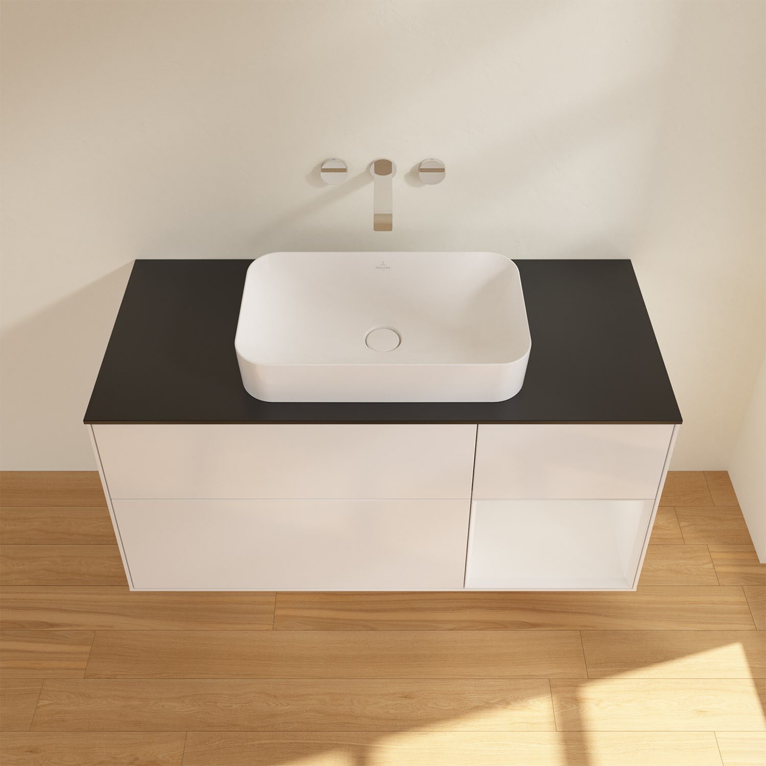 Villeroy & Boch Finion Waschtischunterschrank 120 cm mit Regalelement rechts und Abdeckplatte