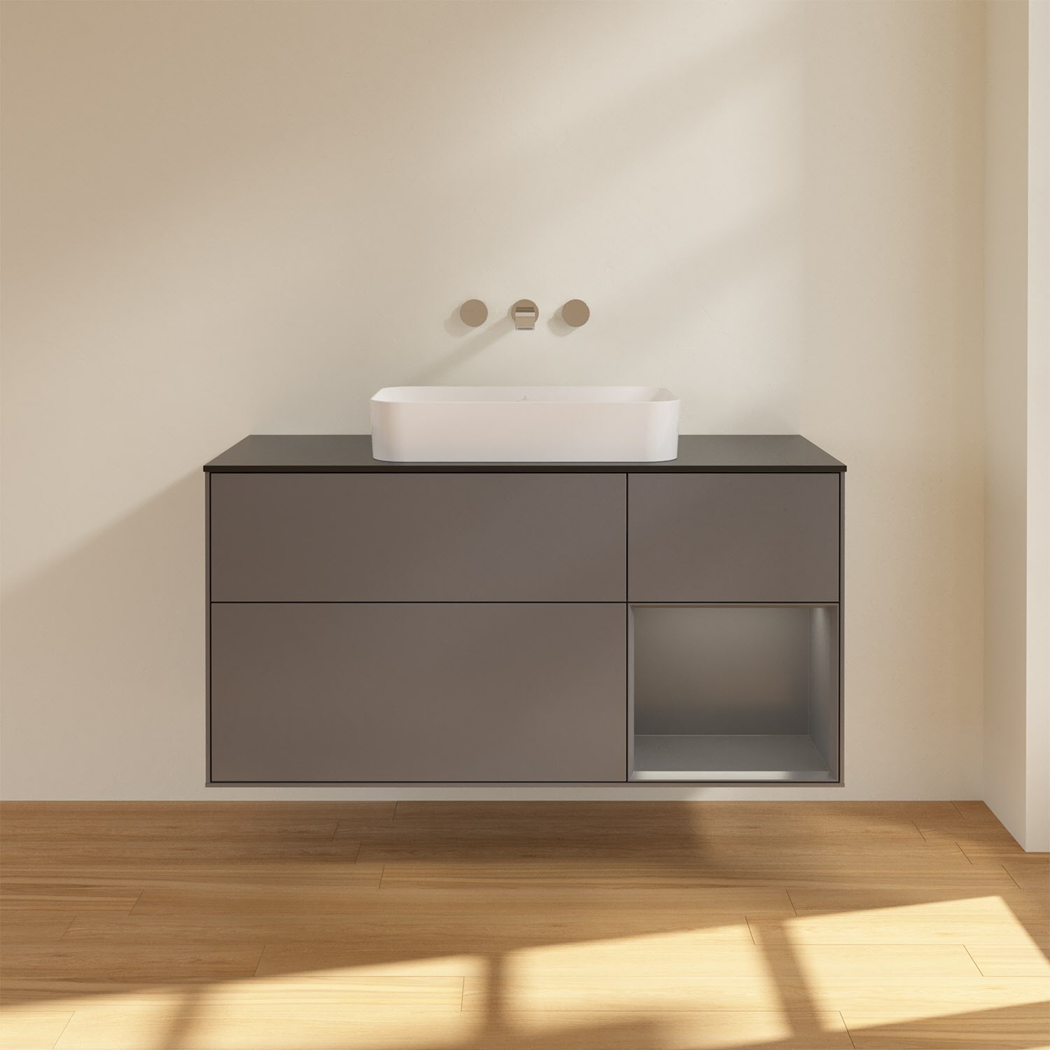 Villeroy & Boch Finion Waschtischunterschrank 120 cm mit Regalelement rechts und Abdeckplatte