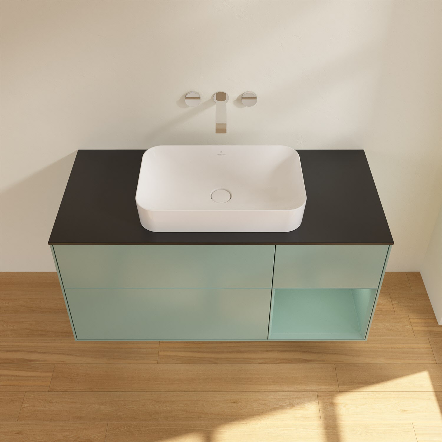 Villeroy & Boch Finion Waschtischunterschrank 120 cm mit Regalelement rechts und Abdeckplatte