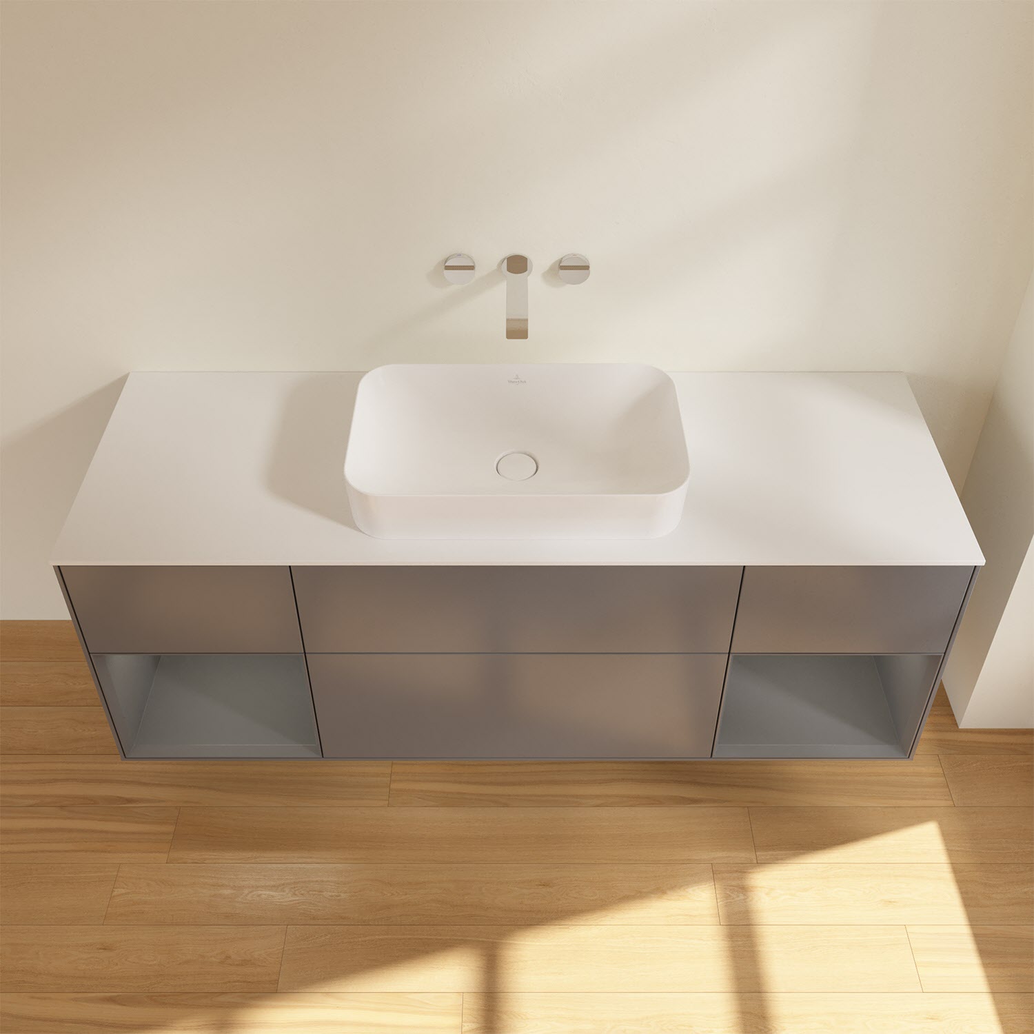 Villeroy & Boch Finion Waschtischunterschrank 160 cm mit Regalelement links und rechts und Abdeckplatte