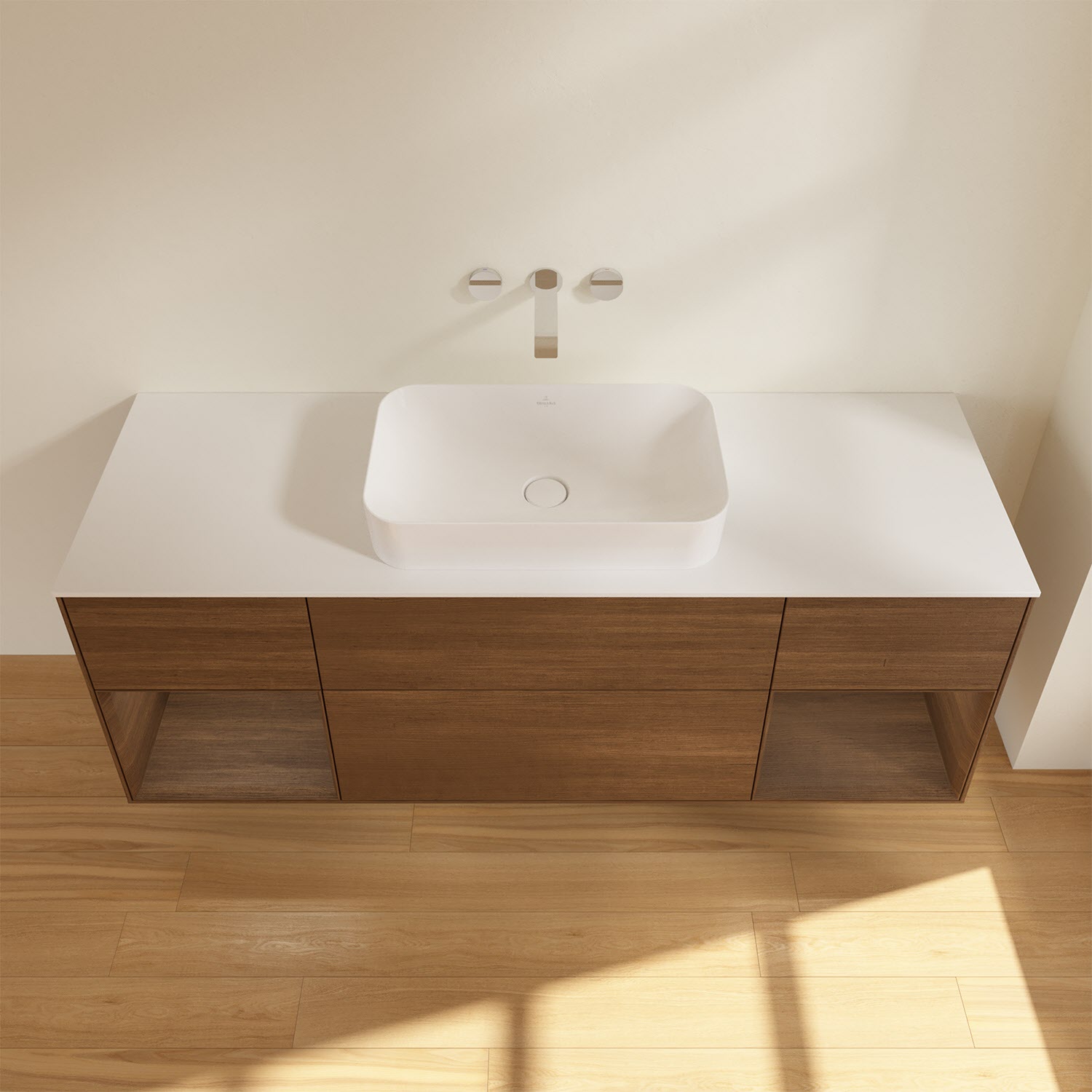 Villeroy & Boch Finion Waschtischunterschrank 160 cm mit Regalelement links und rechts und Abdeckplatte