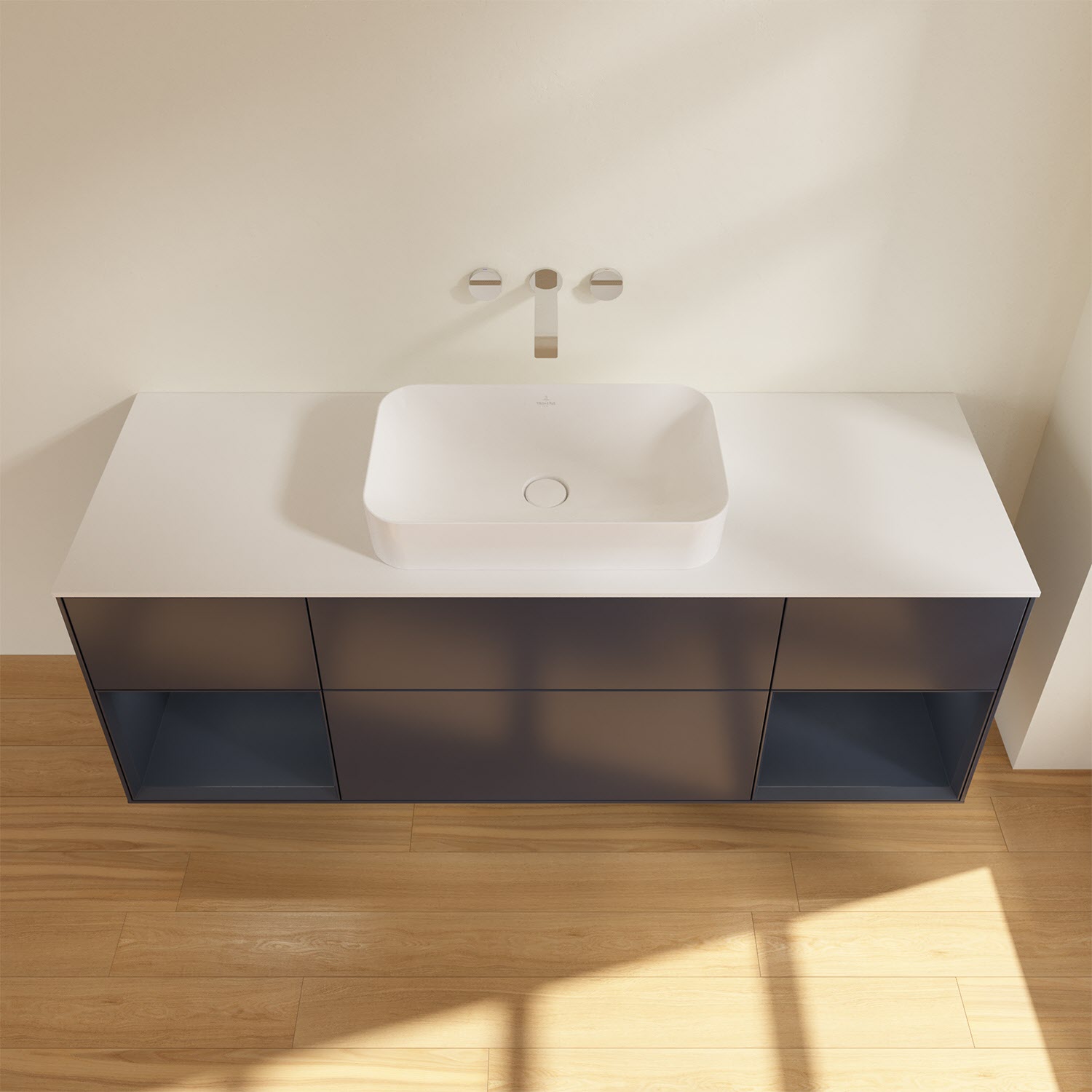 Villeroy & Boch Finion Waschtischunterschrank 160 cm mit Regalelement links und rechts und Abdeckplatte