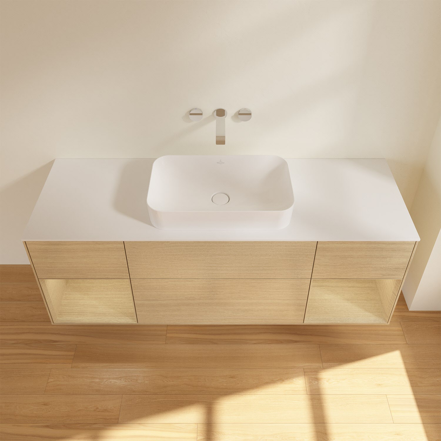 Villeroy & Boch Finion Waschtischunterschrank 160 cm mit Regalelement links und rechts und Abdeckplatte