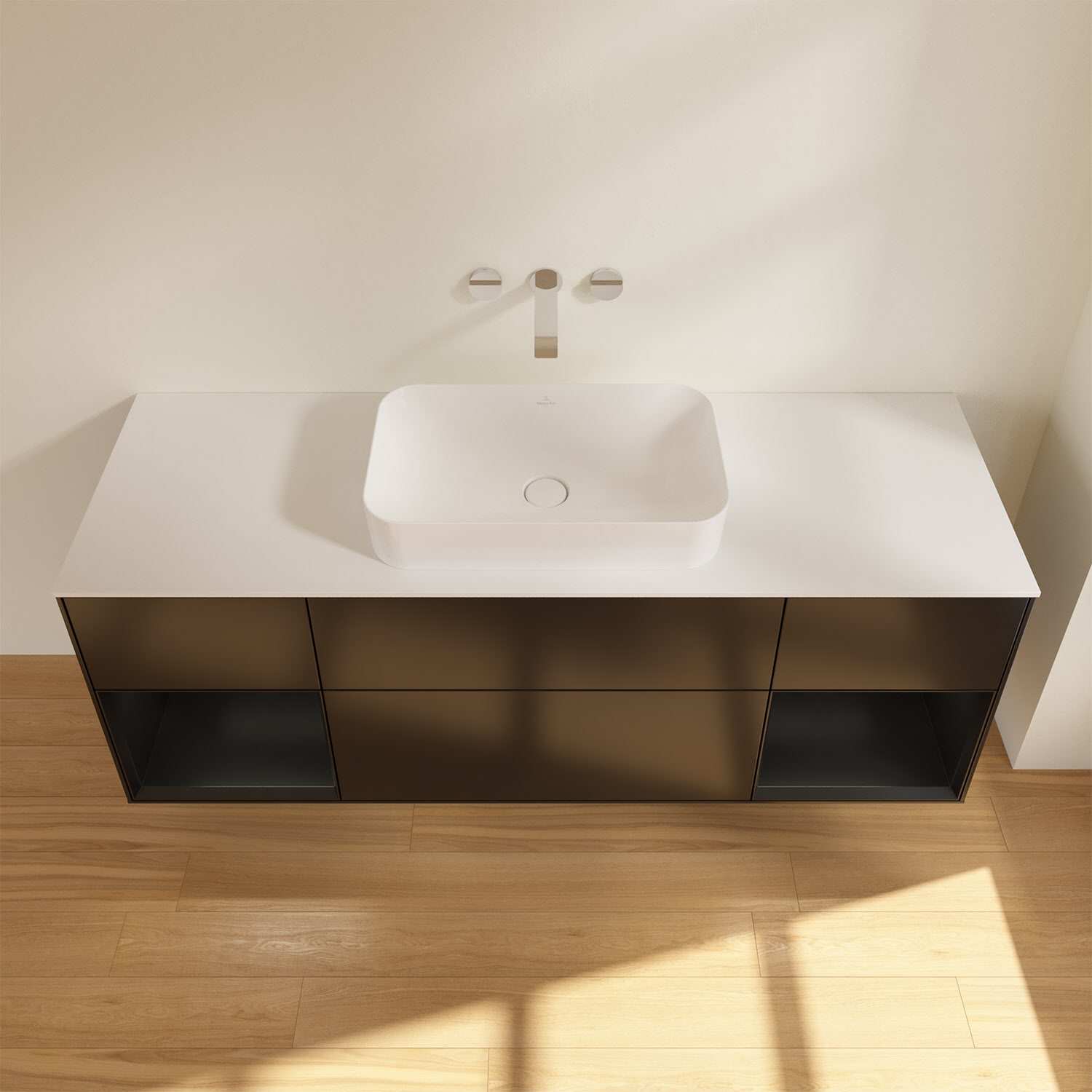 Villeroy & Boch Finion Waschtischunterschrank 160 cm mit Regalelement links und rechts und Abdeckplatte