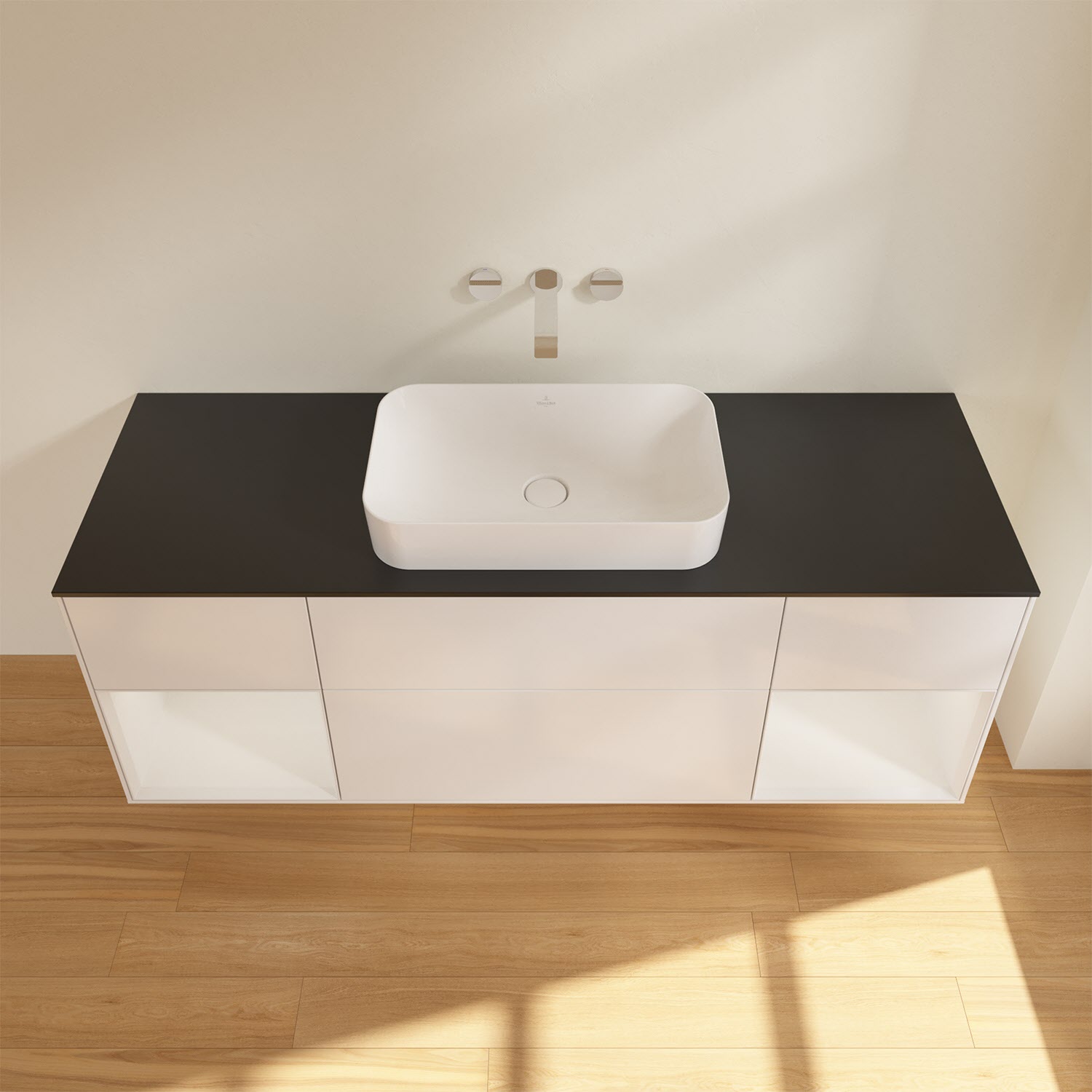 Villeroy & Boch Finion Waschtischunterschrank 160 cm mit Regalelement links und rechts und Abdeckplatte